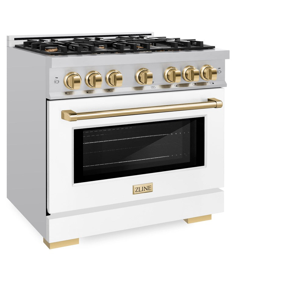ZLINE Autograph Edition 36 Inch 5.2 Cu Ft Gas Range with 6 Burner Cooktop & Convection Oven - Stainless Steel with White Matte Door & Polished Gold Accents (HGRZ WM 36 G) - Perfect for Modern Kitchens, Home Chefs & Gourmet Cooking