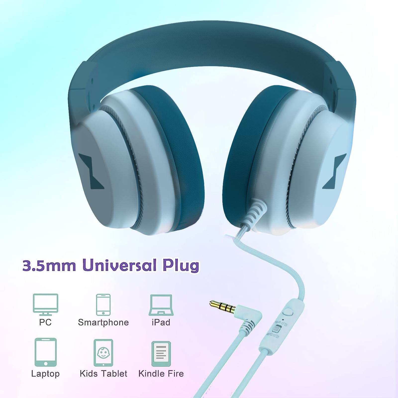 Kids Wired Over-Ear Headphones with Microphone - 85/94dB Volume Limiter for Boys & Girls, Foldable Gradient Green Headphones for Learning, Online Classes & Entertainment | Safe for School, Travel & Home Use