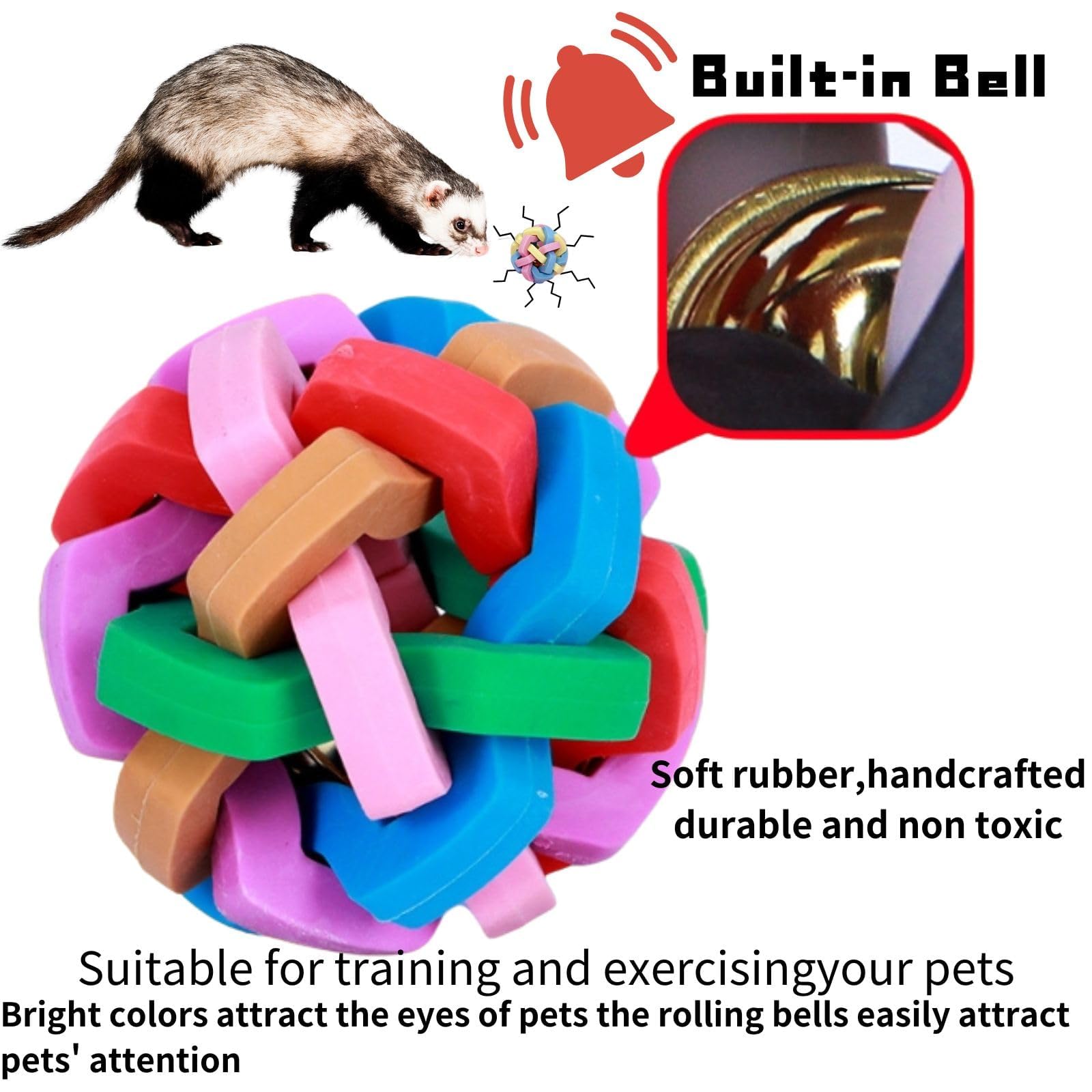 3Pcs Ferret Cat Ball Toys - Colorful Bouncy Rubber Interactive Ball with Bell, Exercise Scratch Chew Toys for Indoor Pet Ferret, Cat, Dog, Bunny - Perfect for Playtime, Training & Mental Stimulation