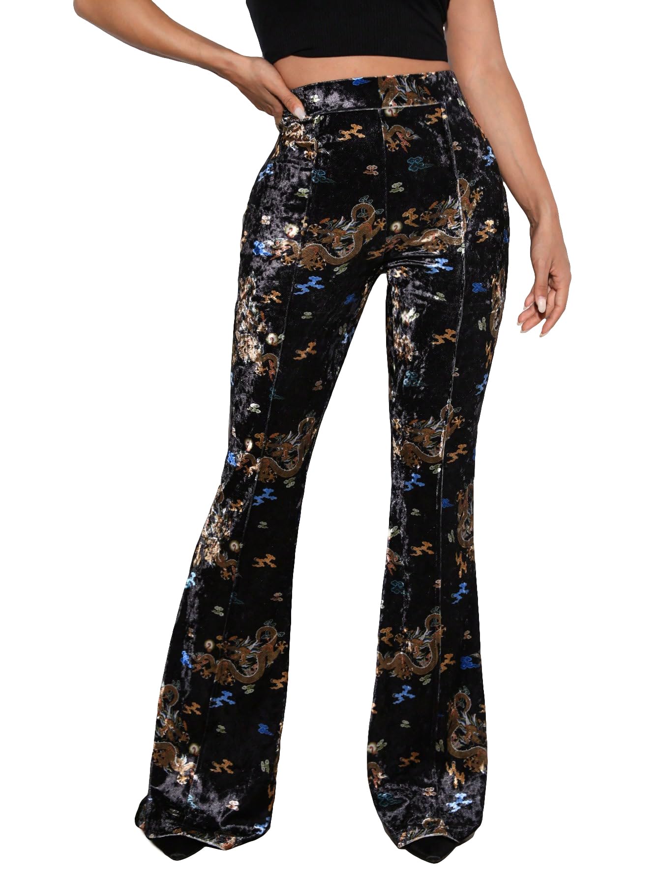 WDIRARA Women's Velvet Flare Pants with Dragon Print - High Waist Stretchy Elastic Long Pants for Casual Wear, Party Outfits & Holiday Fashion