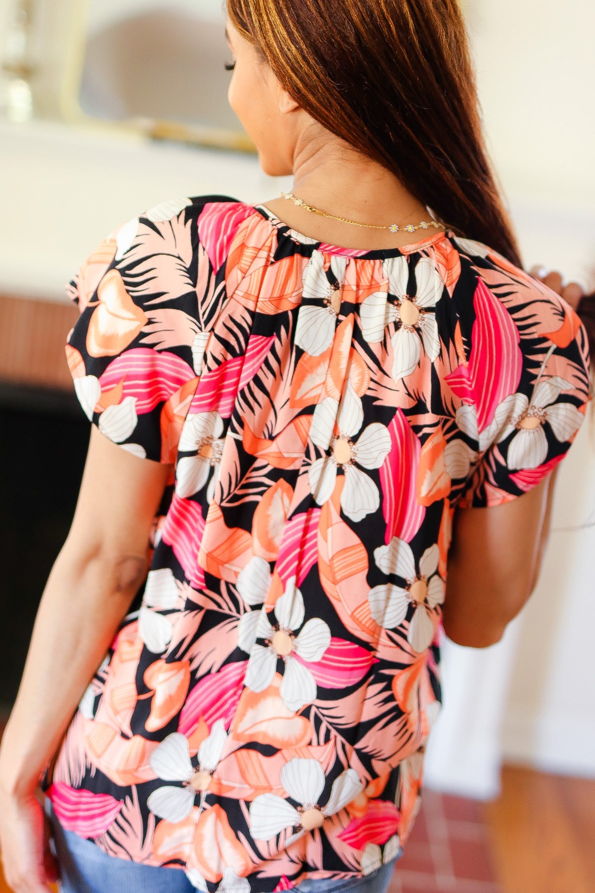 Stylish Peach Tropical Floral Tie Neck Raglan Top for Women - Perfect for Summer Outfits, Beach Vacations & Casual Wear