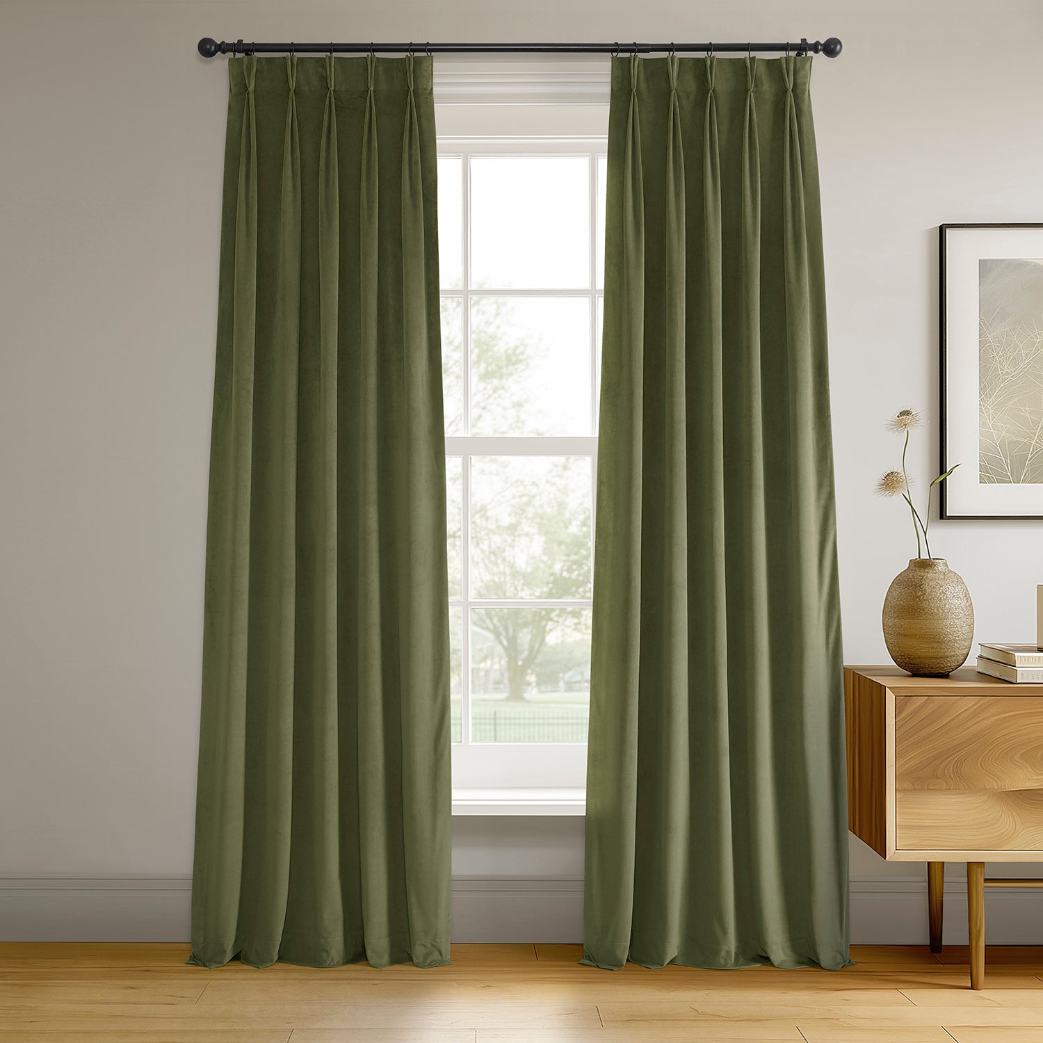 Hunter Green French Pleat Signature Velvet Blackout Curtains - Thermal Insulated Drapes for Bedroom & Living Room - Noise Reducing Window Treatments for Home Decor