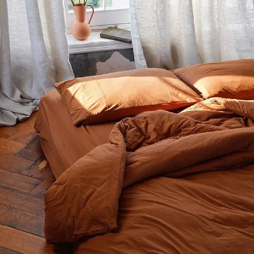 Burnt Orange Washed Cotton Duvet Cover Set - Soft Bohemian Style Bedding for Queen/King/Twin Size - Perfect for Cozy Bedroom Decor & Boho Chic Home Styling