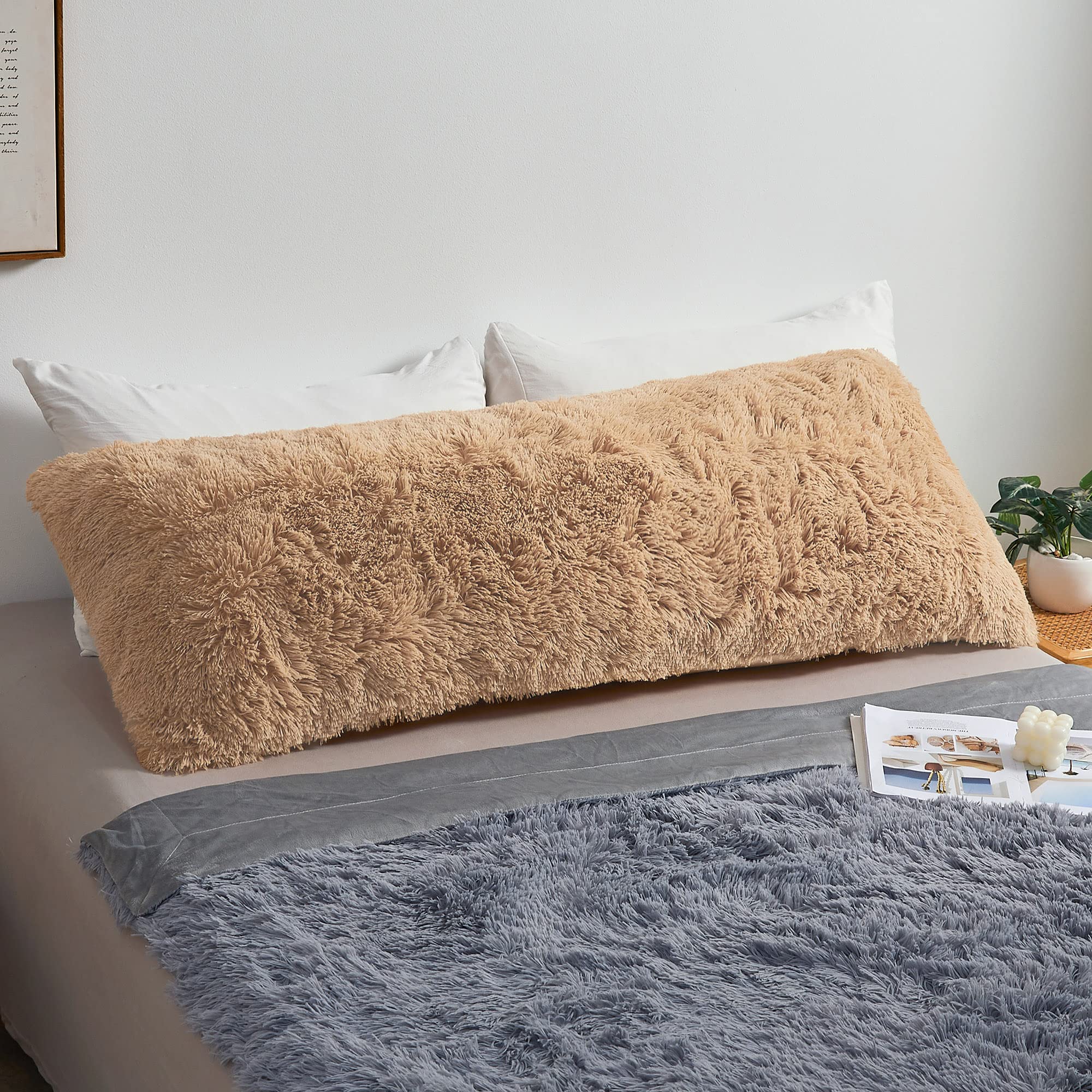 MEGO Shaggy Plush Body Pillow Cover - 20x54 Inch Camel Faux Fur Fluffy Pillowcase with Zipper | Soft Fuzzy Long Throw Pillow Sham for Bed, Couch & Living Room | Perfect for Cozy Home Decor, Movie Nights and Comfortable Sleep