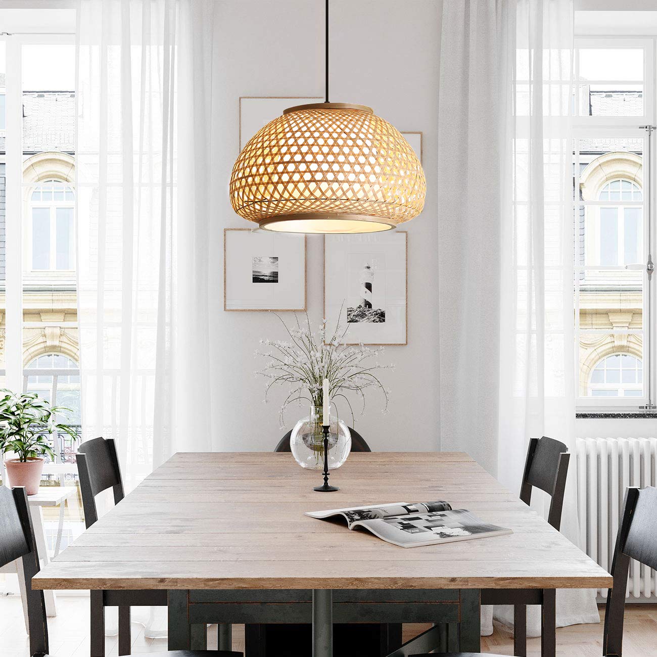 KWOKING Handmade Retro Bamboo Dome Flush Mount Ceiling Light - 19.5