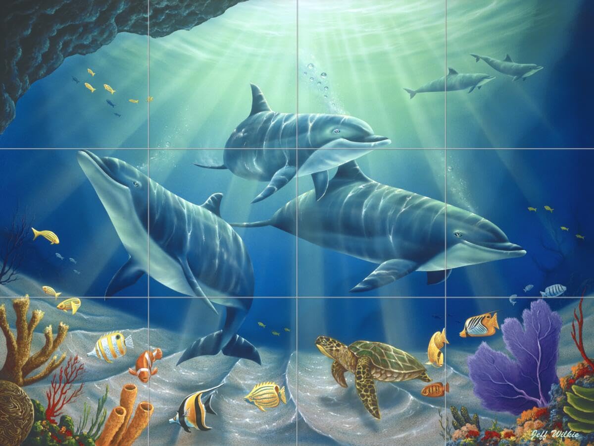 Ceramic Backsplash Tile Mural - Dolphin & Whale Underwater Ocean Scene with Fish - Dolphin Family Design by Jeff Wilkie - Perfect for Kitchen, Bathroom & Shower Walls - Adds Coastal Decor to Beach House, Spa or Aquatic-Themed Rooms