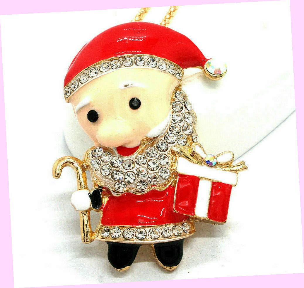 Christmas Elf Santa Toy Maker Rhinestone Enamel Necklace Pendant & Brooch Pin - Festive Red Crystal Jewelry for Women - Perfect for Holiday Parties, Gift Giving & Christmas Decorations