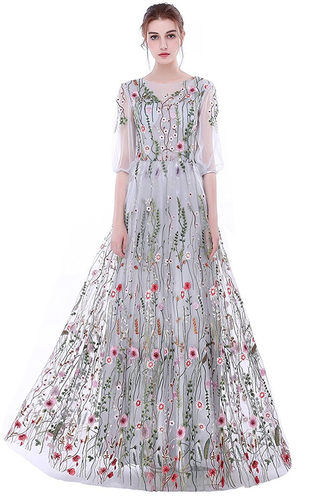Honeydress Women's Embroidered Bohemian Long Sleeve Maxi Dress - Floral Lace Vintage Elegant Party Gown for Weddings, Date Night & Special Occasions