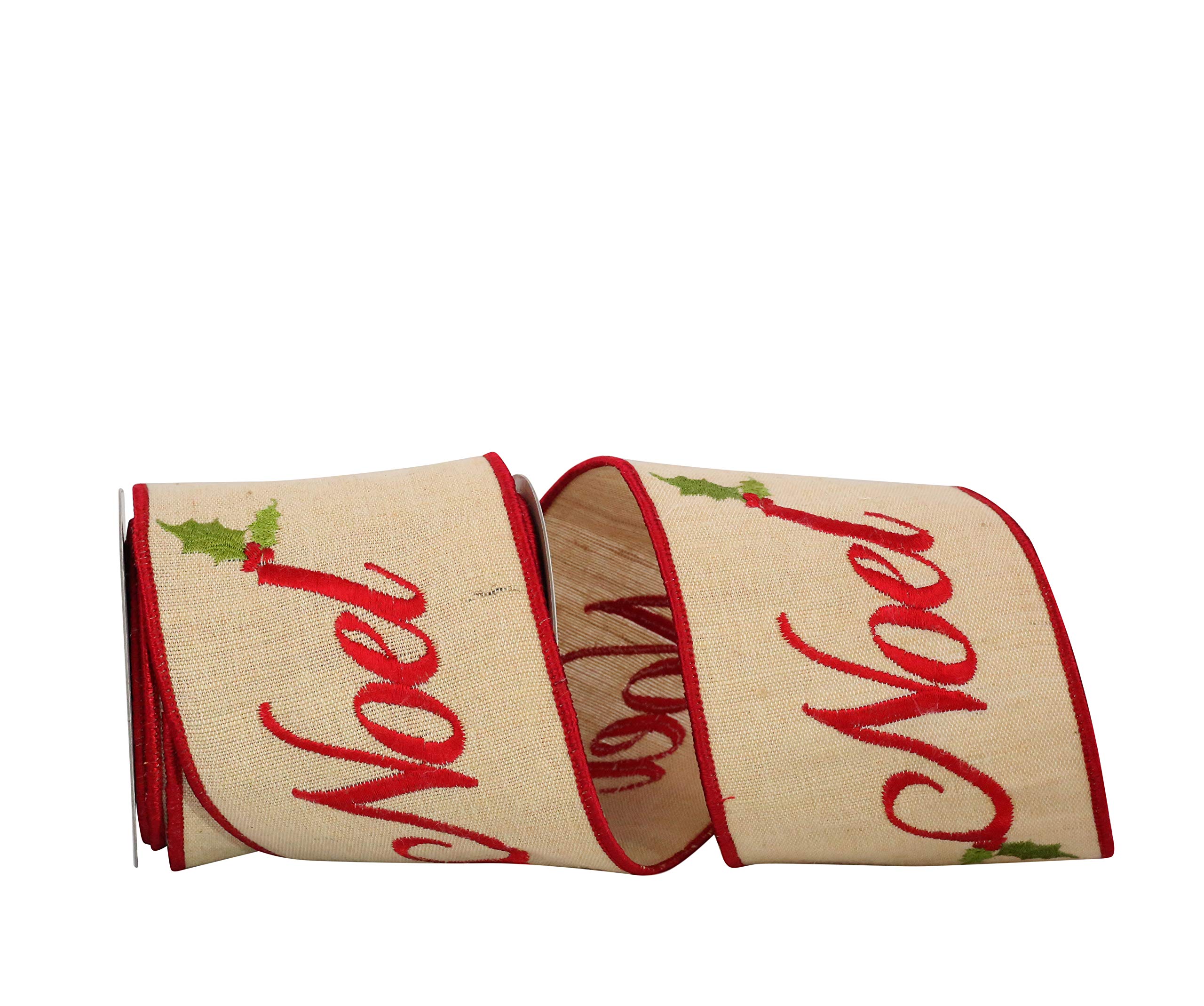 Reliant Ribbon Hopsack Embroidered Noel Wired Edge Ribbon - 4 Inch x 5 Yards, Natural/Red - Perfect for Christmas Gift Wrapping, Holiday Decorations & DIY Crafts