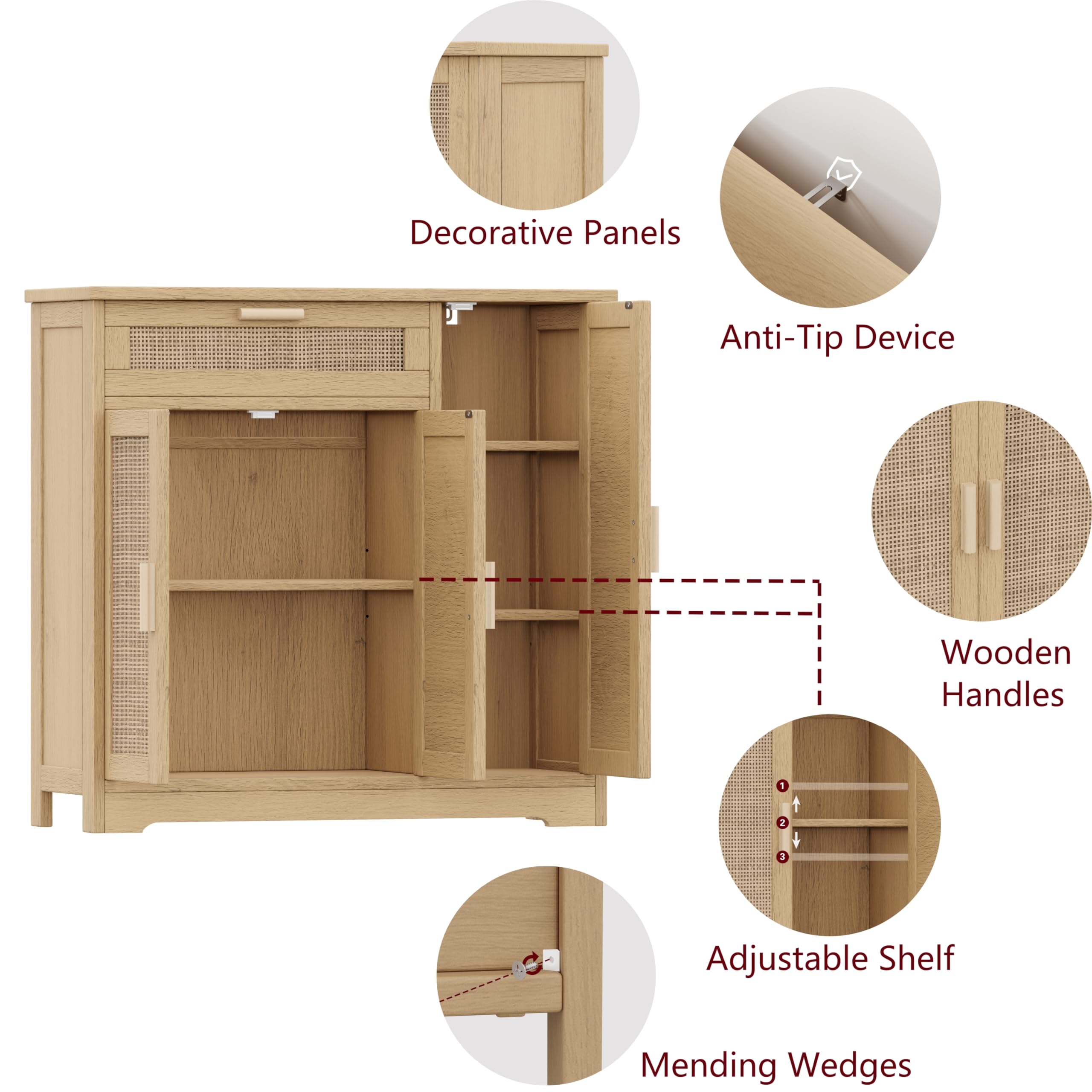 Rattan Sideboard Buffet Cabinet with 3 Doors & Drawers - Adjustable Shelf Floor Storage Cabinet for Kitchen, Living Room, Hallway - Natural Wood TV Stand, Dining Room Furniture, Home Decor (KES001MCWG)