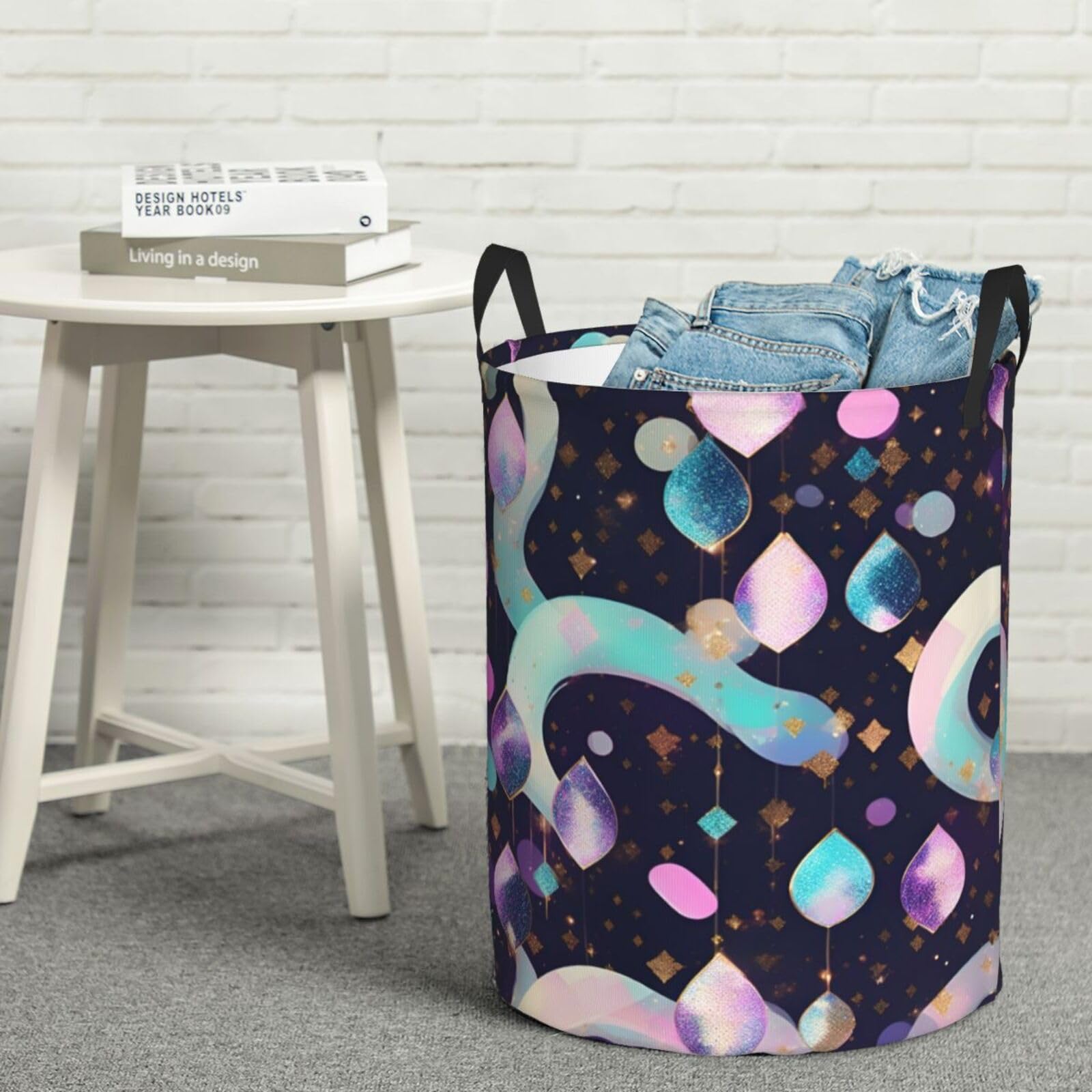 Sparkly Round Laundry Hamper with Stylish Print - Perfect for Storing Clothes, Toys & Books | Ideal for Bedroom, Nursery & Dorm Organization
