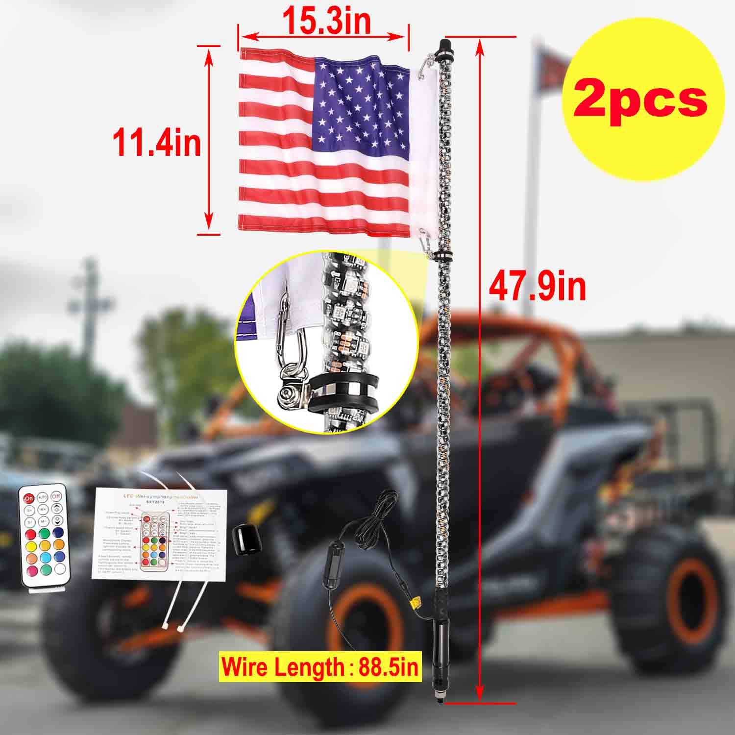 4FT LED Whip Lights - 2 Pack RGB Spiral Antenna Lights with RF Remote Control, 360° Illumination for Off-Road ATV, UTV, Polaris RZR & 4x4 Trucks | Durable Waterproof Design for Night Riding, Camping & Outdoor Adventures