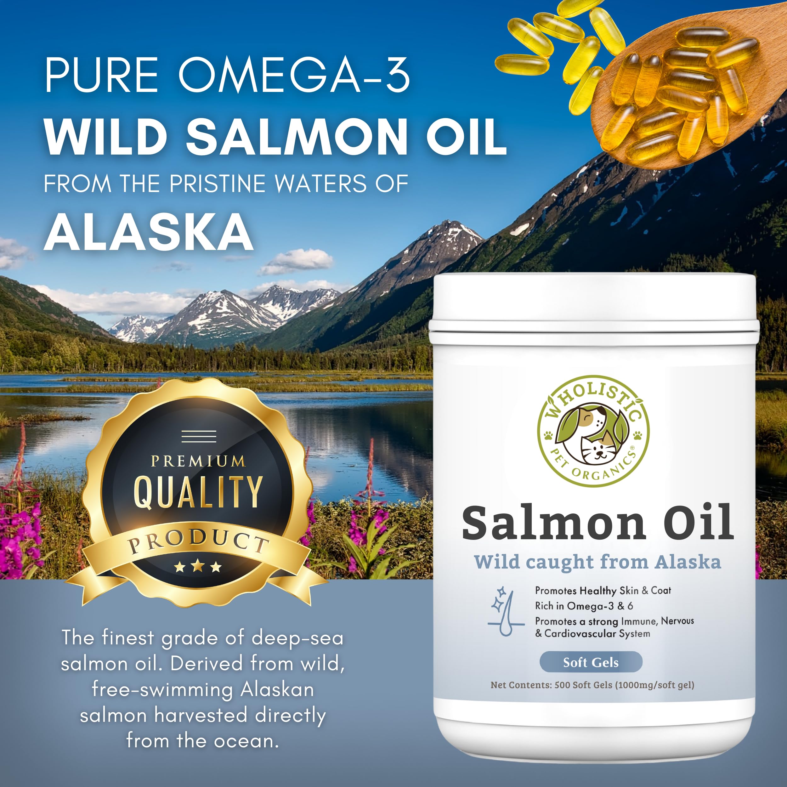 Wholistic Pet Organics Wild Alaskan Salmon Oil for Dogs - 500 Soft Gels - Omega 3 Fish Oil with EPA & DHA for Skin, Coat, Joint & Heart Health - Dog Skin & Coat Supplement - Perfect for Daily Wellness & Allergy Relief