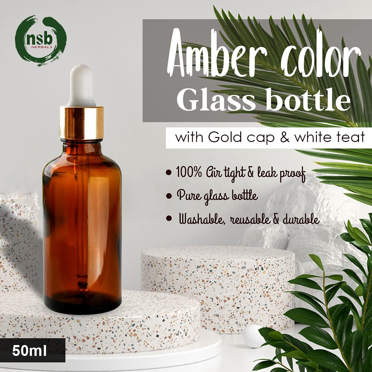 NSB Herbals 50ml Amber Round Empty Glass Bottle with Glass Dropper, Gold Ring & White Silicone Teat - Refillable, Reusable, Leak Proof for Essential Oils, DIY Perfumes, Face Serums & Blends (Pack of 3) - Perfect for Aromatherapy, Homemade Skincare & Travel Size Liquids