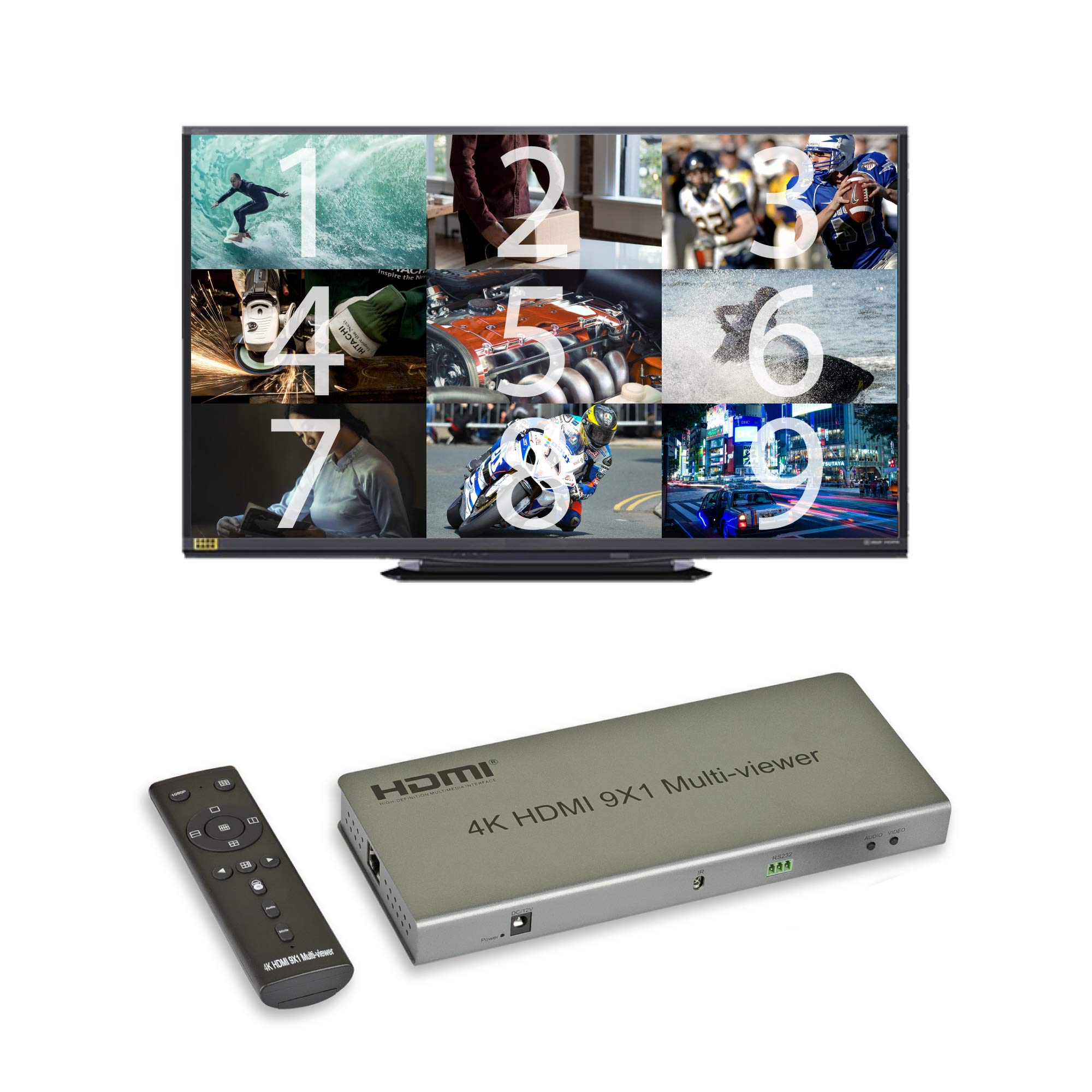 9-Channel HDMI Multi-Viewer & Screen Divider - 4K@30Hz/1080p Splitter with 11 Viewing Modes | Perfect for Security Monitoring, Gaming Setups & Multi-Screen Presentations