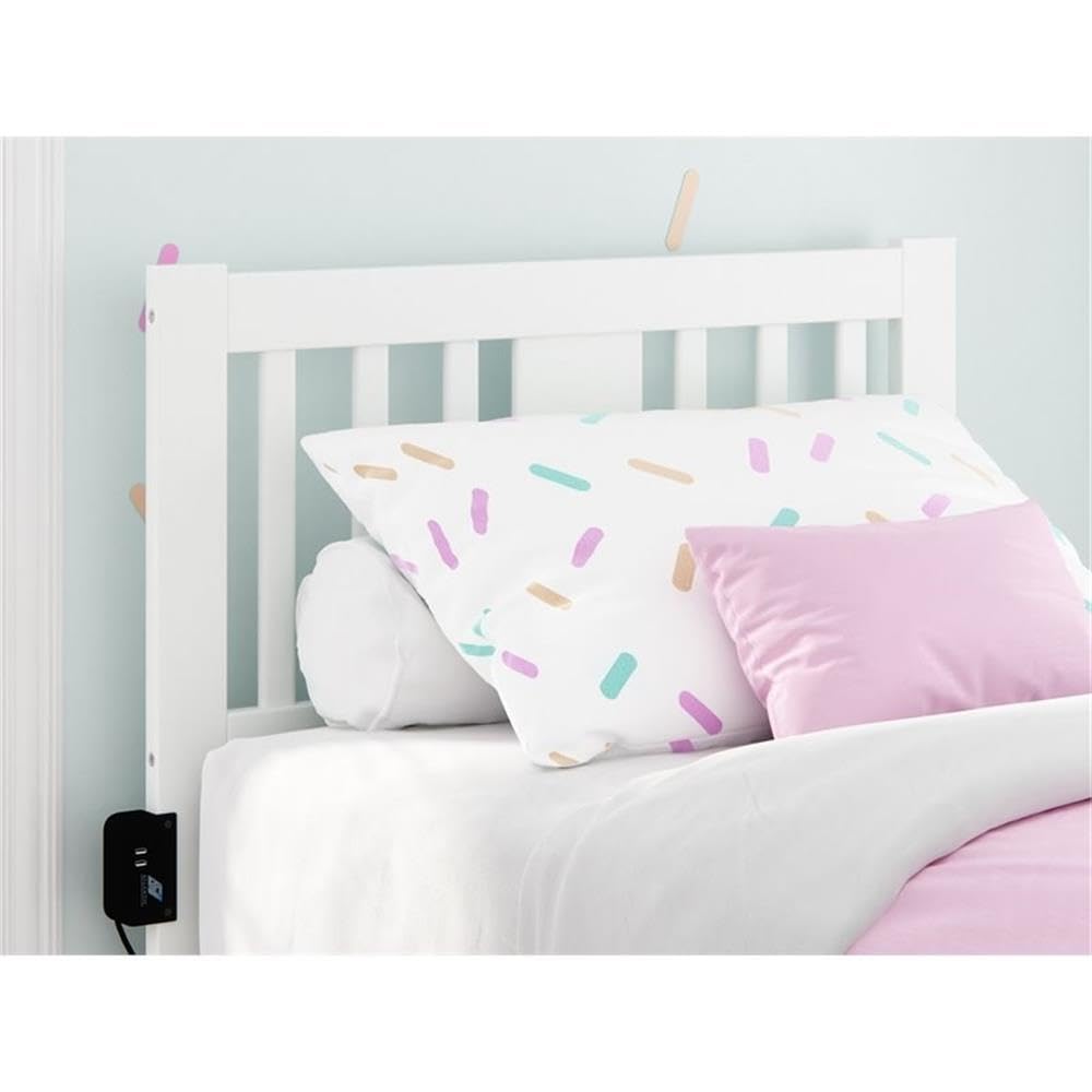 Pemberly Row Solid Wood Twin Spindle Headboard with USB Turbo Charger - White Wooden Bed Frame for Modern Bedroom | Fast Charging Station & Stylish Home Decor