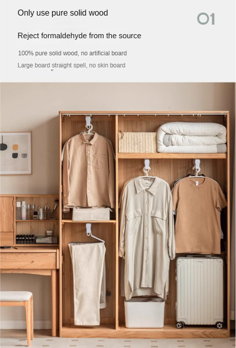 Solid Oak Wood Wardrobe with Thin Fabric Curtain - Stylish Closet Organizer for Bedroom, Living Room & Dorm Storage