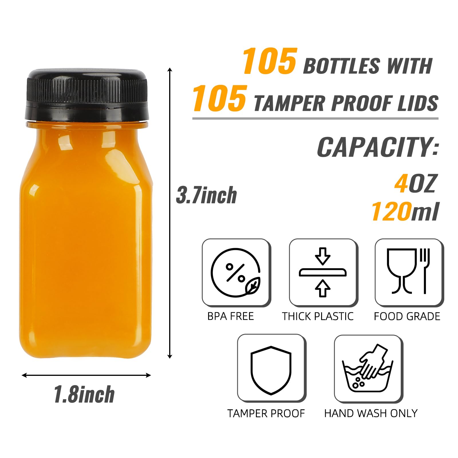 TOMNK 105-Pack 4oz Reusable Juice Bottles with Lids - Small Beverage Containers for Juicing, Milk, Smoothies & Drinks - Includes Labels, Funnel & Brush - Perfect for Meal Prep, Baby Food & Travel Snacks