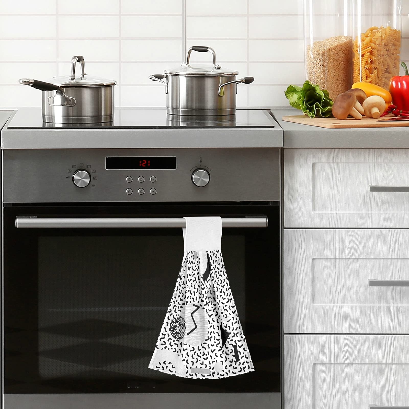 80s 90s Memphis Style Geometric Black White 2-Piece Hanging Kitchen Hand Towel Set - Soft Fast-Drying Bath & Dish Towels with Hook & Loop for Home, Kitchen, and Bathroom Use - Perfect for Cooking, Cleaning, and Decor