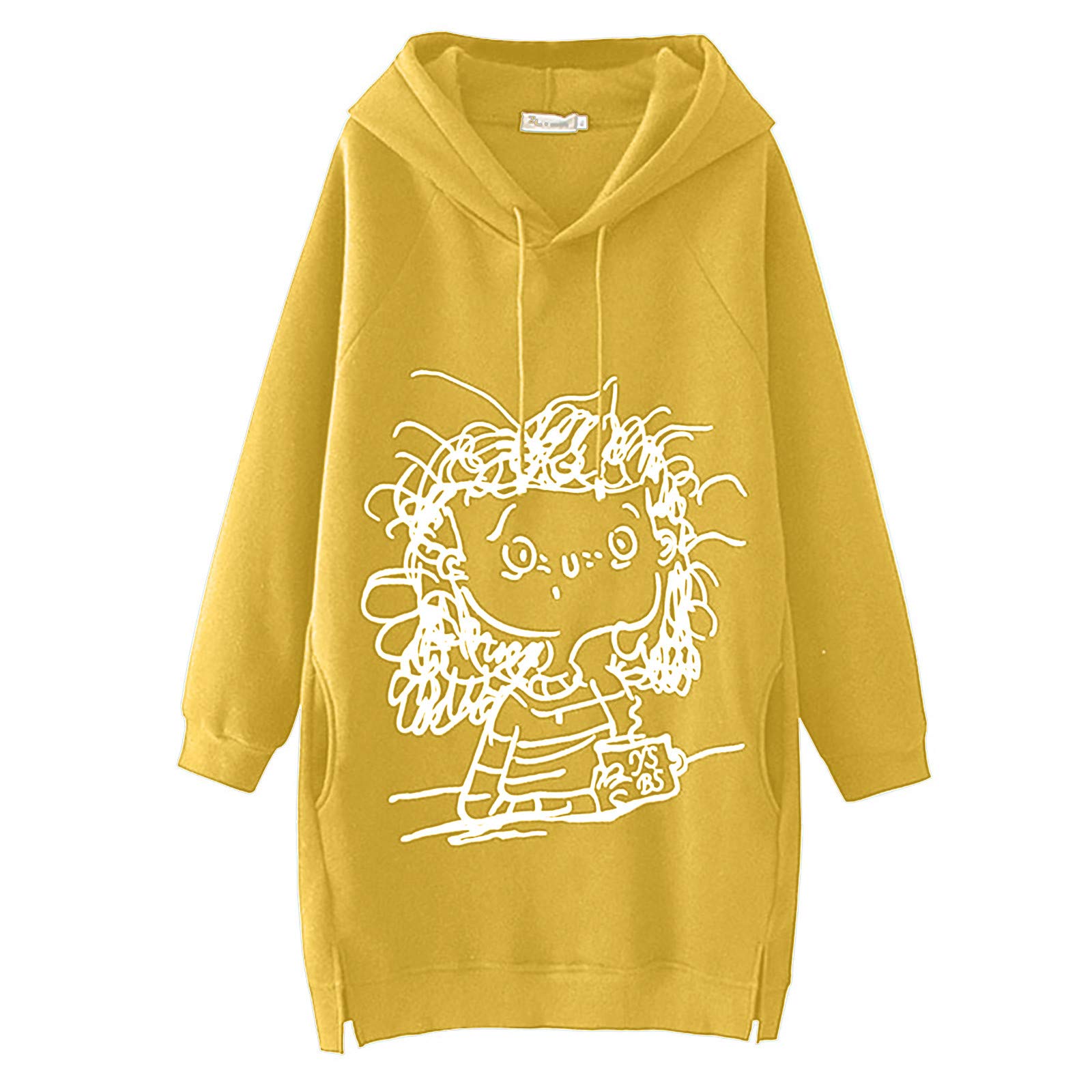 Women's Plus Size Cartoon Print Split Hem Zip Up Hoodie Sweatshirt - Long Sleeve Pullover Top for Casual Wear & Street Fashion