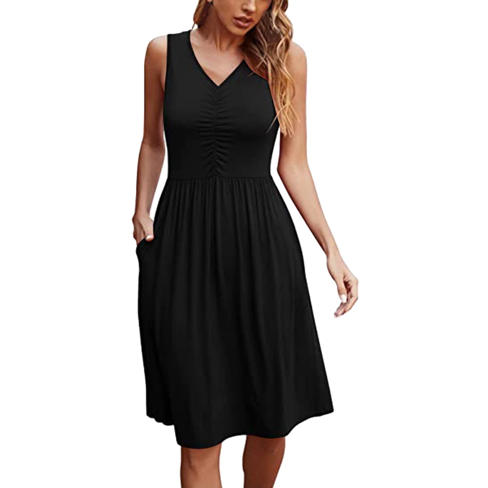 BIBOKAOKE Women's Casual Summer Dress - Sleeveless V-Neck Tank Dress with Pockets, Slim Fit, Plus Size, Beach & Party Wear for 2024 Fashion
