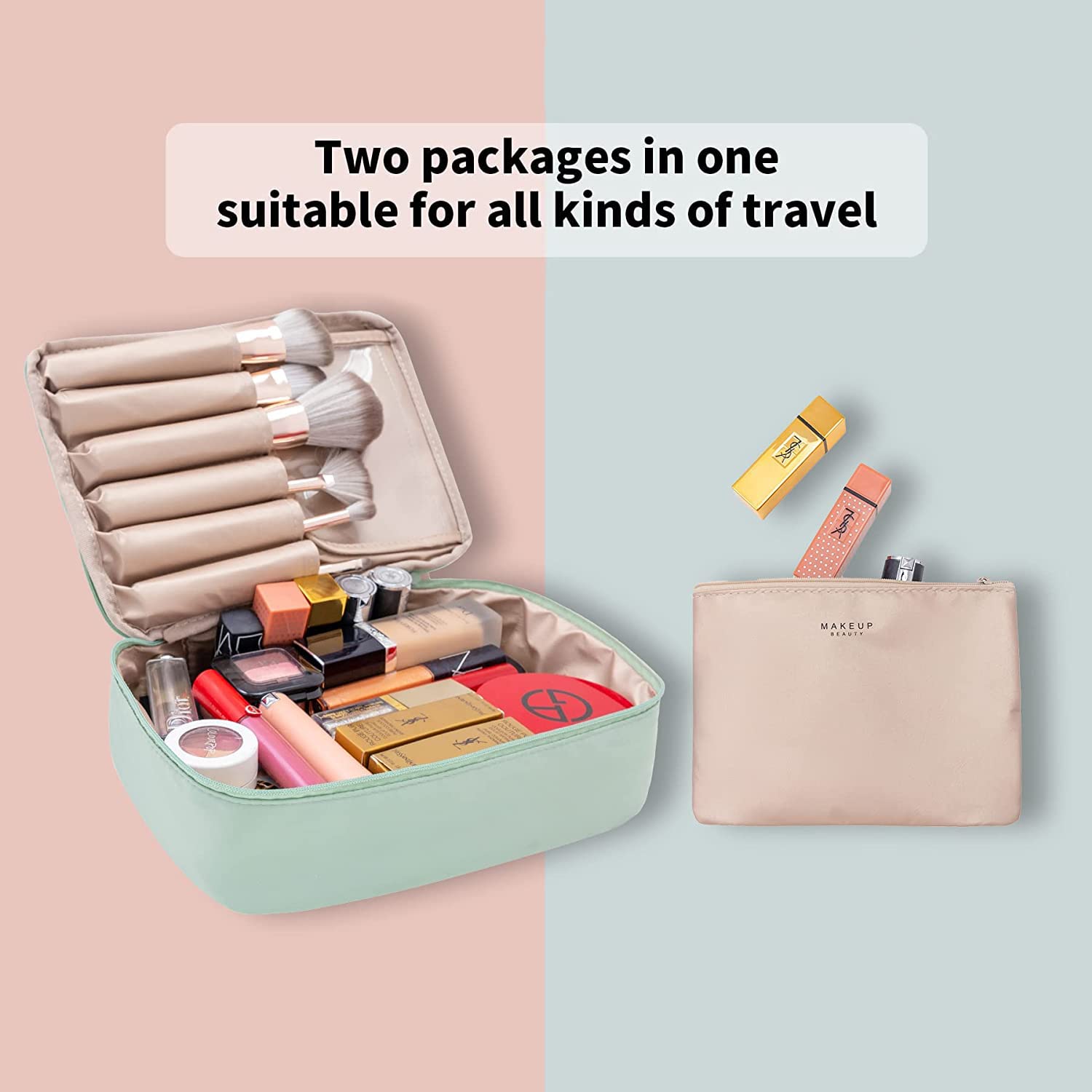 Seagull Fashion Polyester Cosmetic Organizer Bag with Pouch - Waterproof Makeup Travel Case for Brushes, Toiletries & Cosmetics - 9.4 x 6.7 x 2.8 Inches Green - Perfect for Home, Office & Vacation Trips
