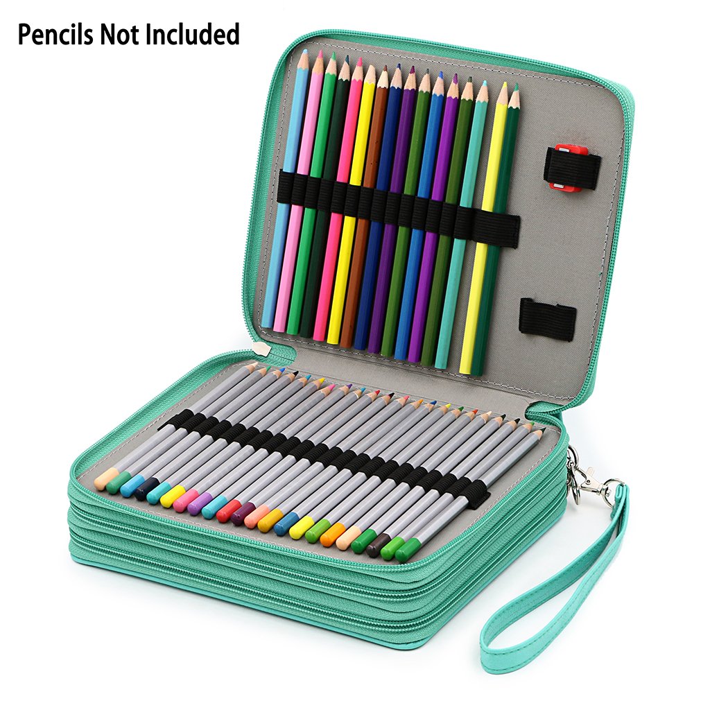 BTSKY Deluxe PU Leather Pencil Case for Colored Pencils - 120 Slot Large Capacity Artist Pencil Holder with Handle Strap, Portable Art Supply Organizer for School, Office & Travel (Green)