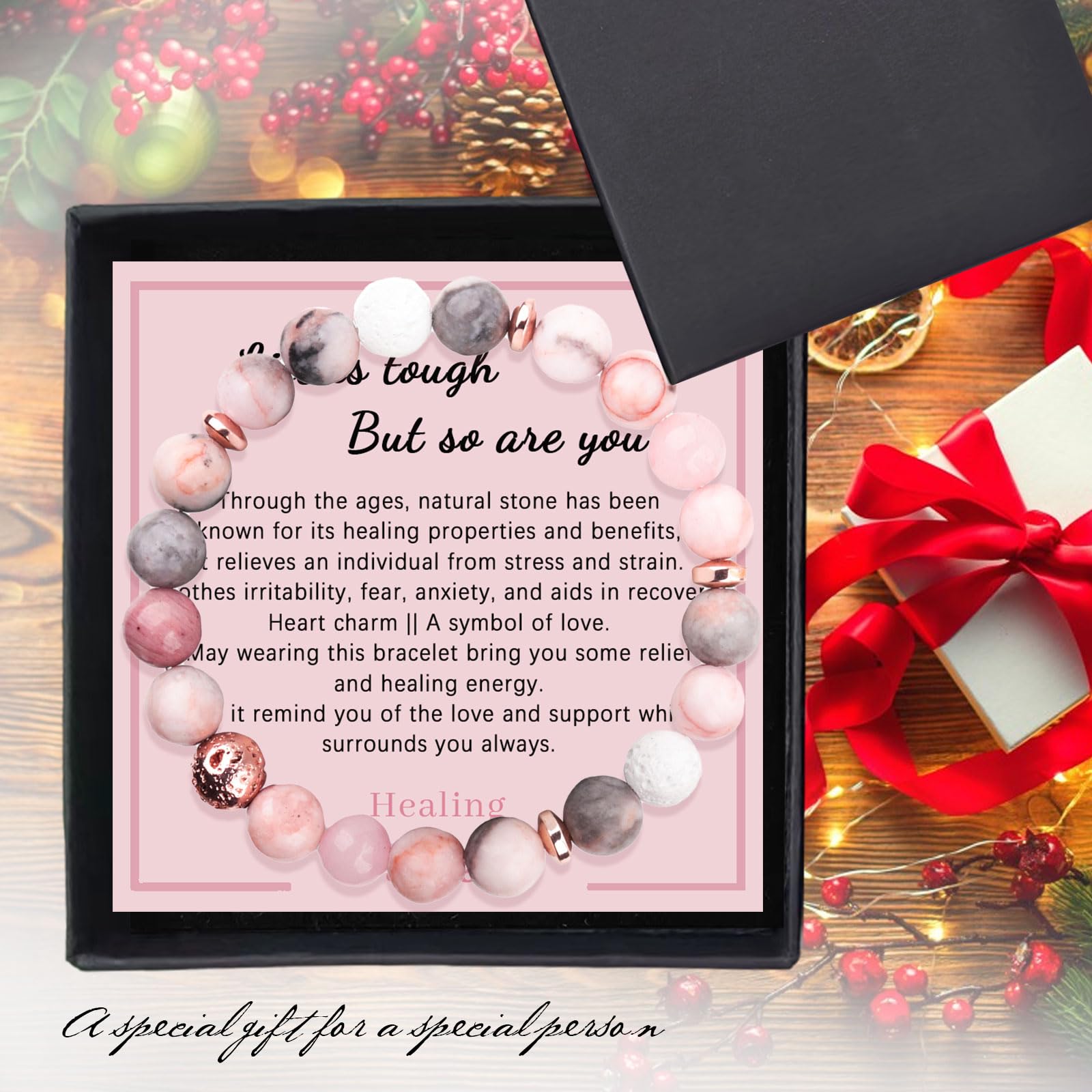 Natural Stone Healing Relaxation Bracelets for Women - Get Well Soon Gifts After Surgery or Illness - Soothing Bracelet with Meaningful Message Card & Gift Box (Pink Zebra) - Perfect for Recovery, Stress Relief & Positive Energy