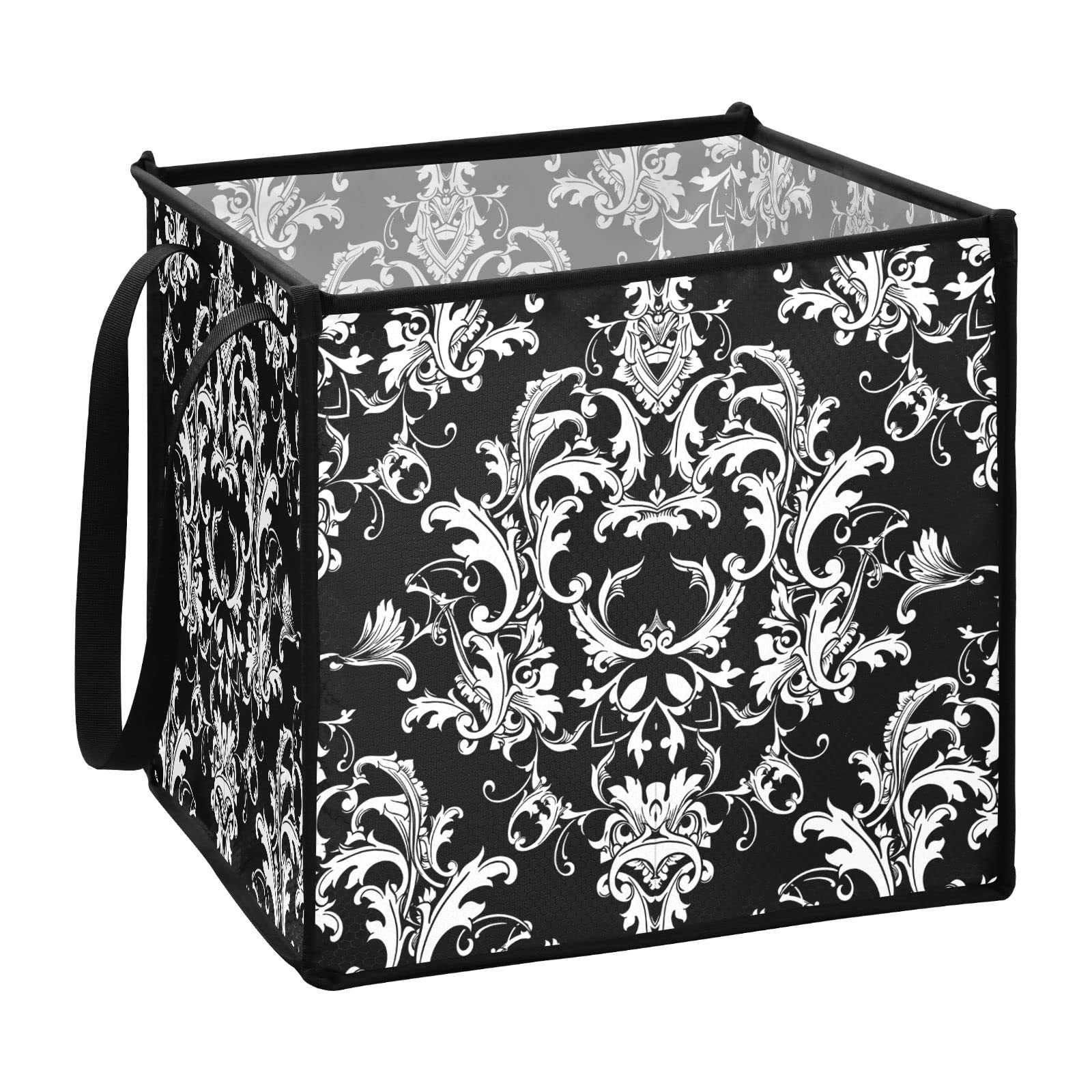 Baroque Damask Seamless Black Square Collapsible Storage Bins - 13x13x13 Inch Foldable Fabric Toy Organizer with Handles for Nursery, Shelves & Closet - Perfect for Kids' Room Organization, Home Decor and Gift Storage