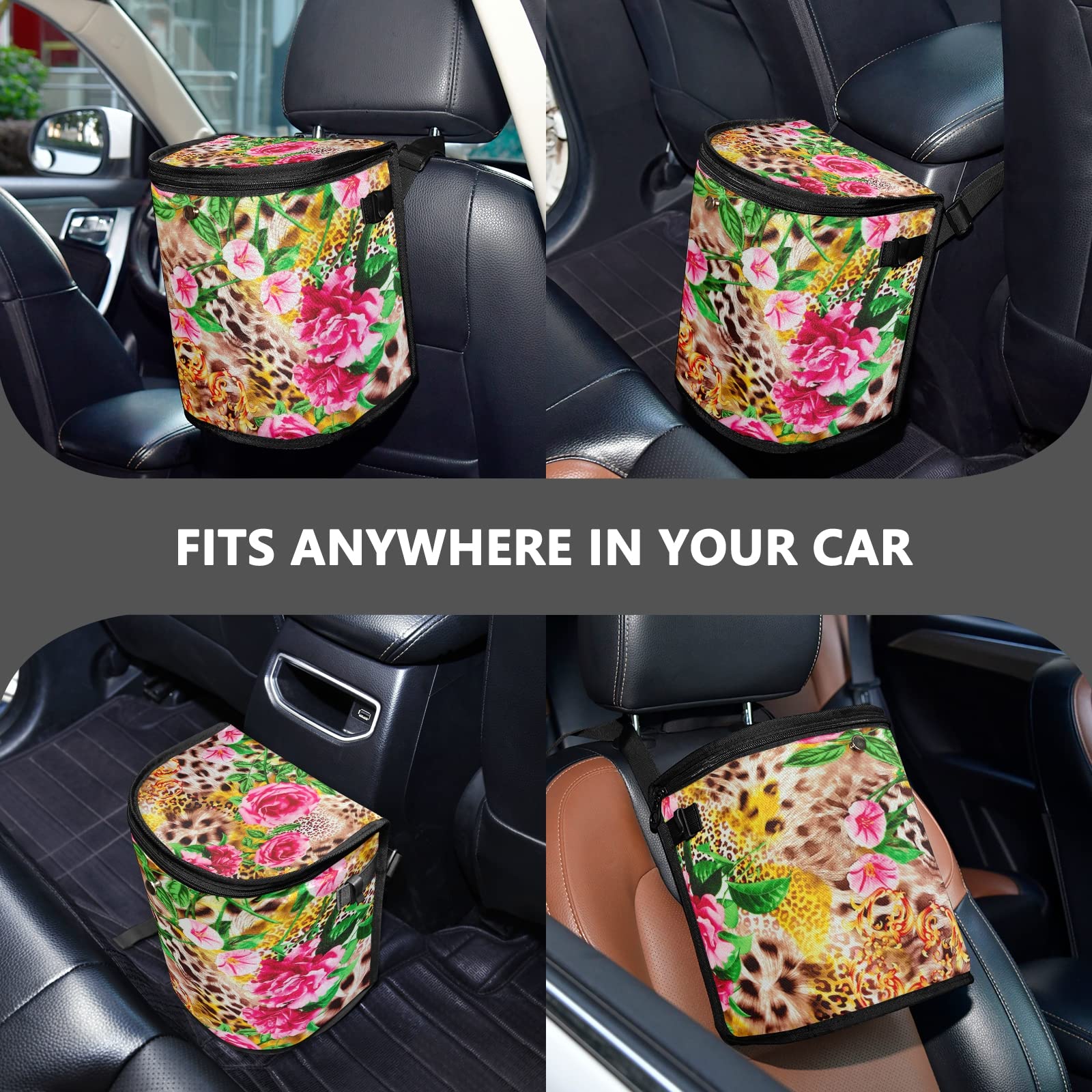 J JOYSAY Leopard Print Collapsible Hanging Car Trash Can - Portable Leakproof Car Garbage Bin for Travel, Road Trips & Daily Commute - Perfect for Drivers, Families & Road Trips (Large Capacity)