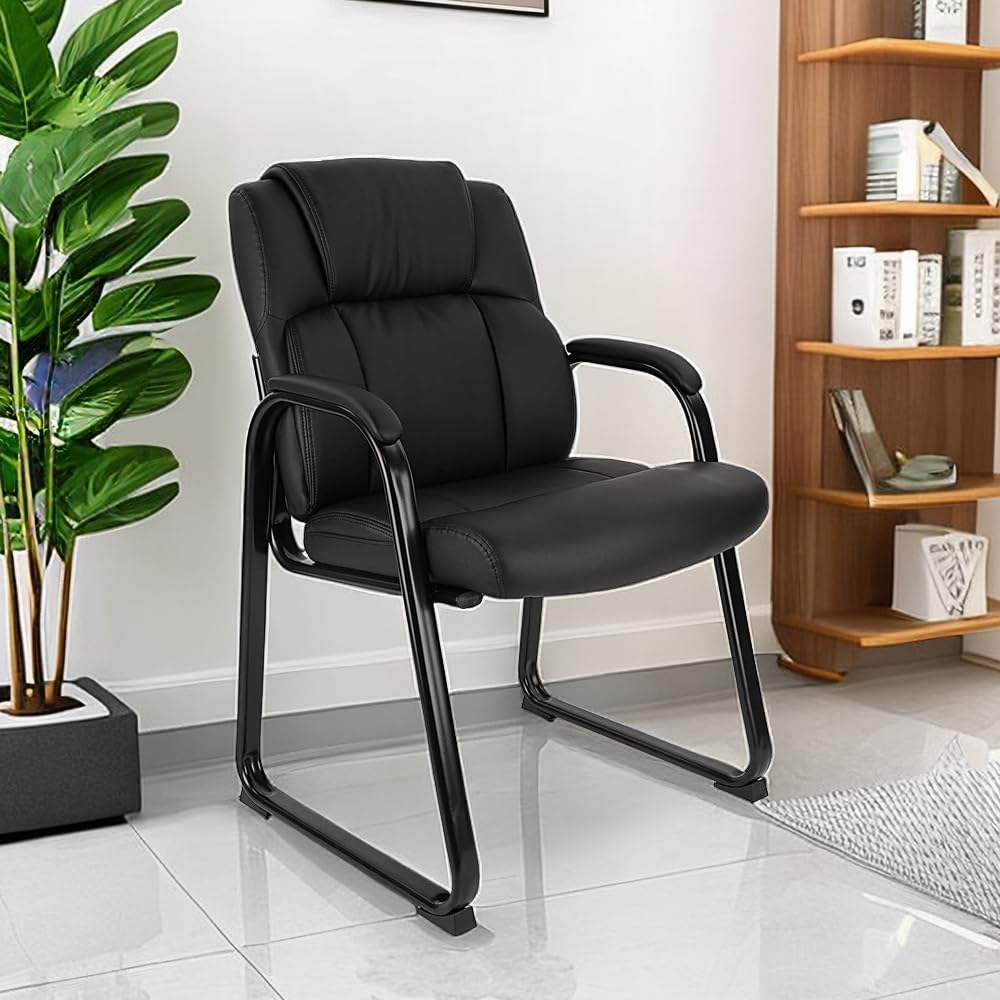 CLATINA Office Guest Chair - Leather Reception Chair with Padded Armrests, Sled Base, No Wheels - Set of 4 Black - Perfect for Conference Rooms, Waiting Areas & Home Offices