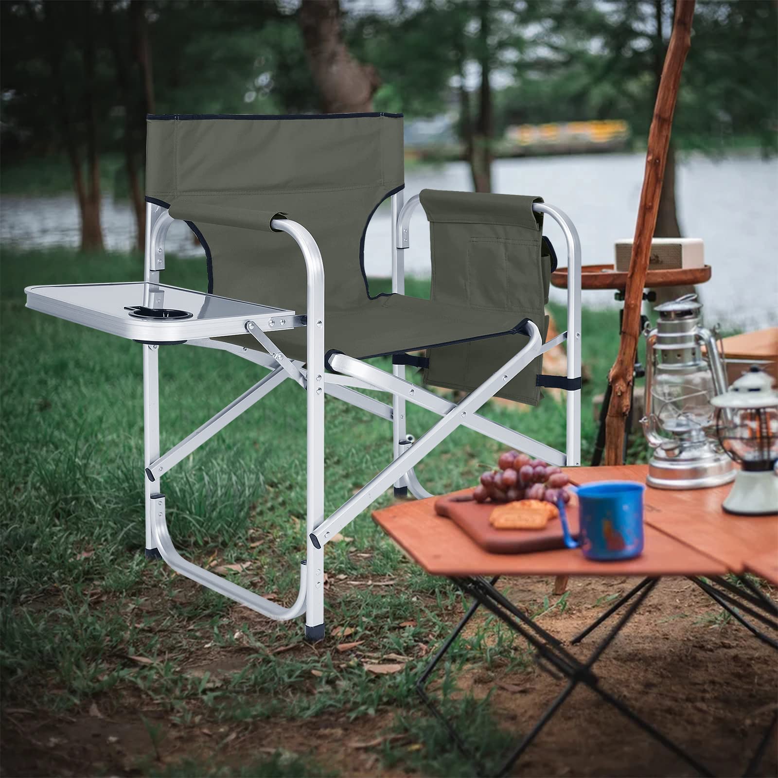 ABCCANOPY Folding Directors Chair - Portable Outdoor Camping Chair with Side Table & Storage Pockets - Perfect for Beach, Picnic, Backyard, and Makeup Artist Use - Dark Gray