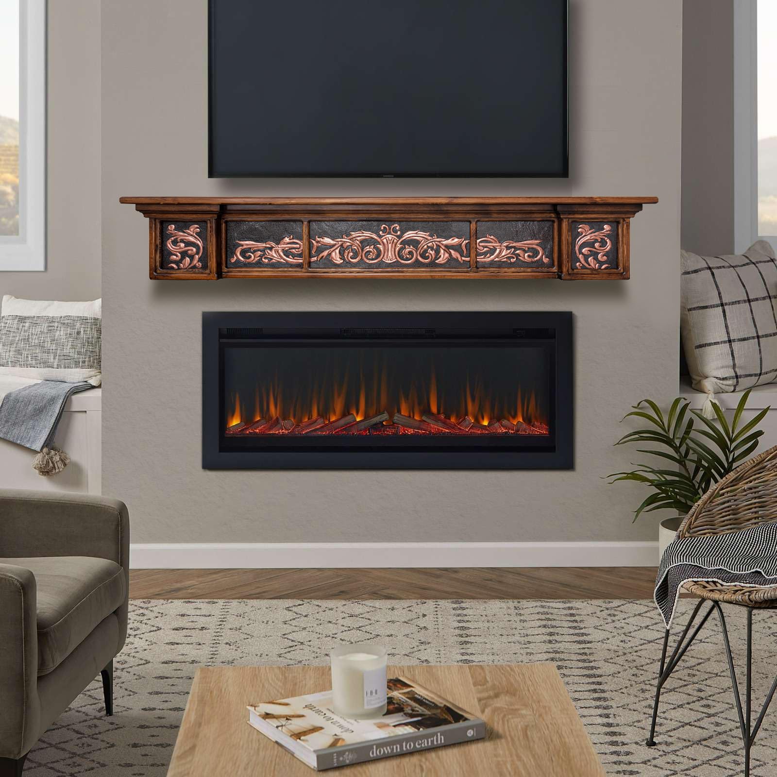 Handmade Custom Copper Fireplace Mantel Shelf - Floating Wall-Mounted Decorative Mantel with Wood Accents (Black & Copper) - Perfect for Living Room, Bedroom & Home Decor - MANTEL SHELF-1-5028