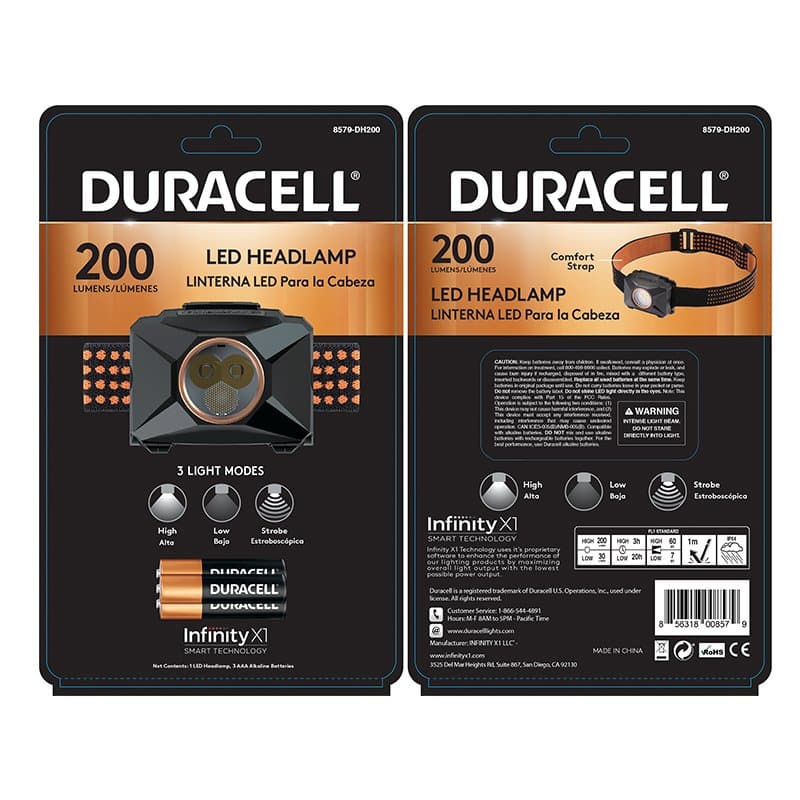 Duracell 200 Lumen LED Headlamp - Bright Hands-Free Light for Camping, Hiking & Outdoor Adventures