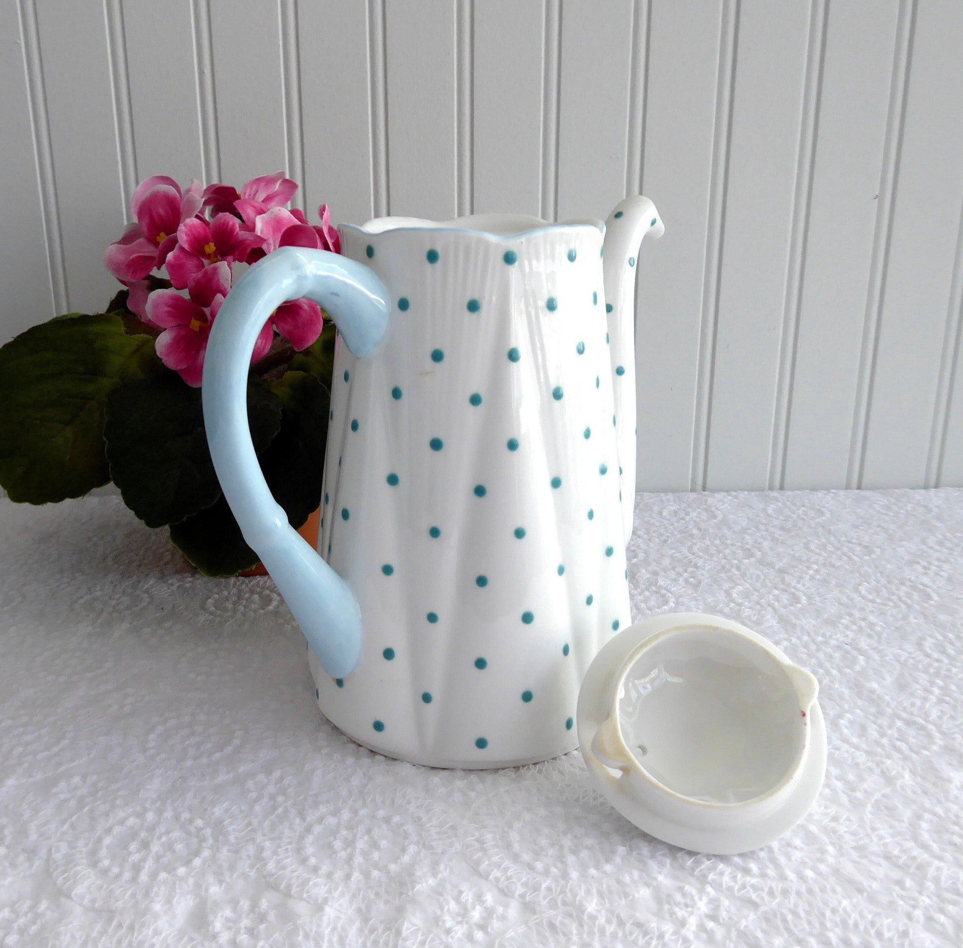 Vintage Shelley England Polka Dot Teapot - 1950s Tall Turquoise Dots Coffee Pot, Retro British Ceramic Tea Set for Afternoon Tea & Collectors Display