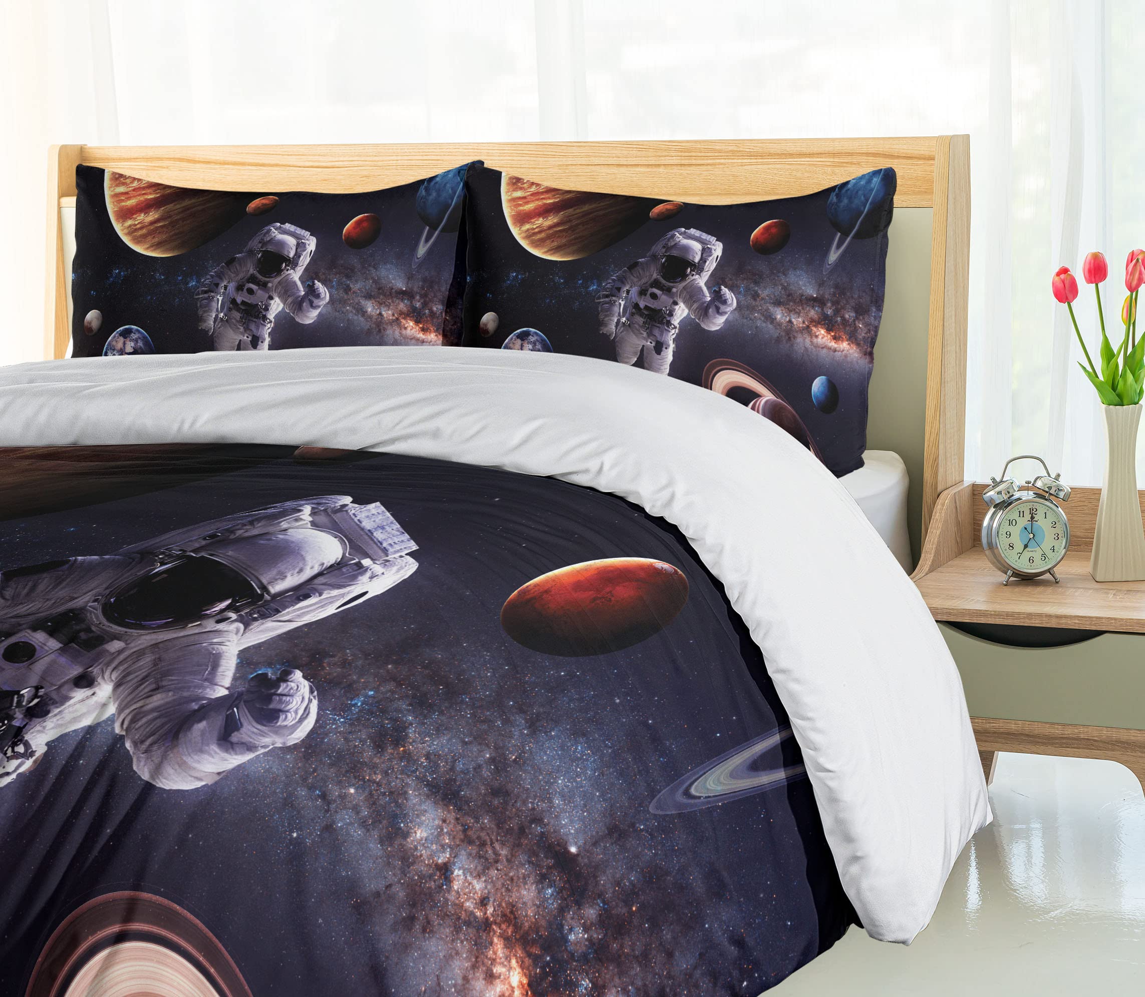Ambesonne Outer Space Duvet Cover Set - Astronaut & Planets Design (Mars, Neptune, Jupiter) - 3 Piece Bedding Set with 2 Pillow Shams - California King Size - Dark Blue - Perfect for Sci-Fi Themed Bedrooms & Space Enthusiasts