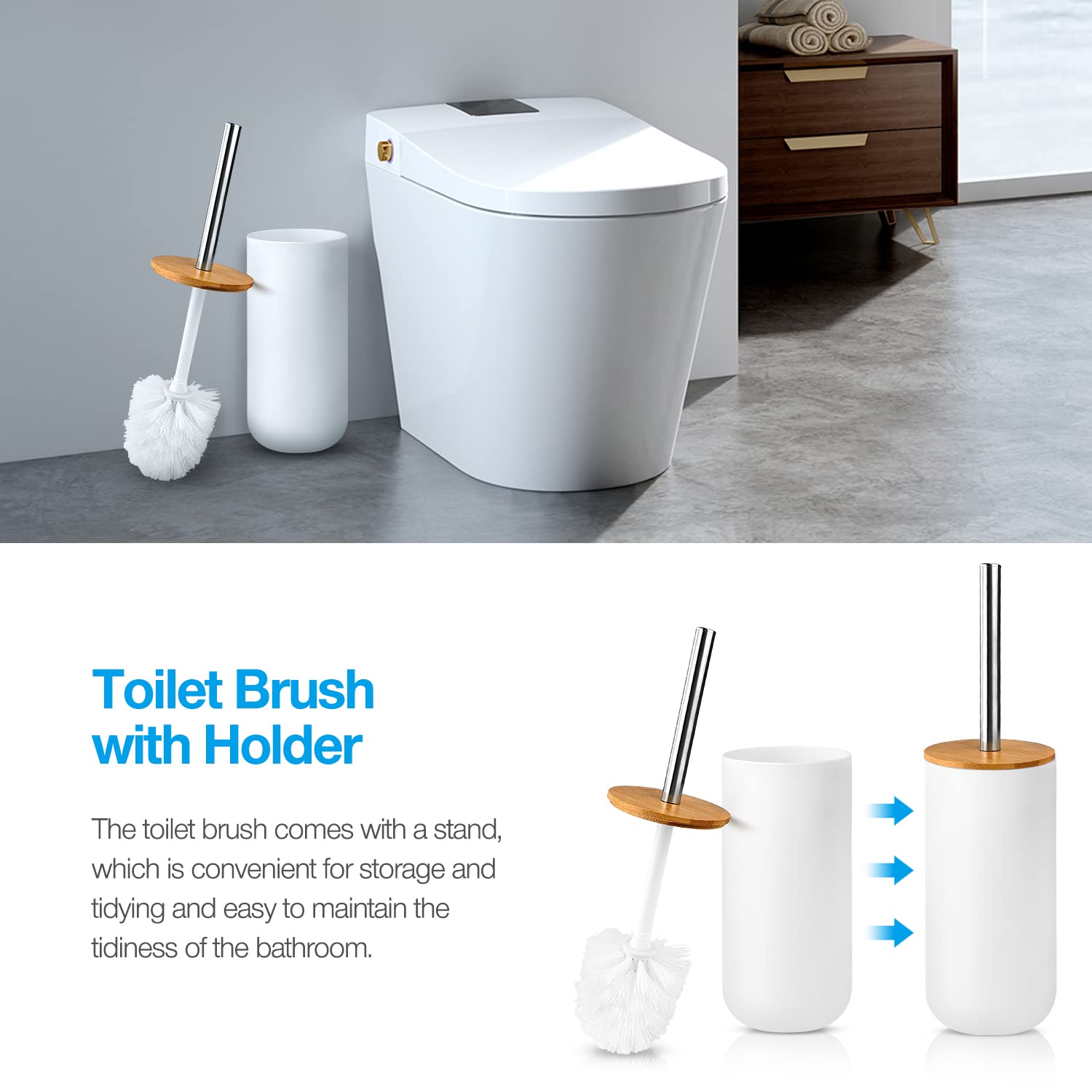 6-Piece Bamboo & Plastic Bathroom Accessories Set - Toothbrush Cup, Holder, Soap Dispenser, Dish, Toilet Brush with Holder & Trash Can + 3 Bonus Toothbrushes (White) | Modern Bathroom Organization for Homes, Apartments & Guest Bathrooms