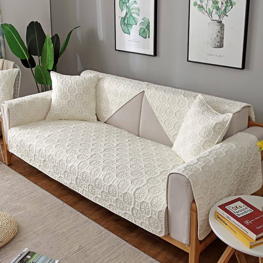 VCTOPS Geometric Embroidery Cotton Sofa Cover - Farmhouse Style Sectional Couch Slipcover for Pets, Fits L-Shaped & Recliner Couches (36x70 Inches, Cream Flower) - Protects Leather Furniture from Dog & Cat Scratches