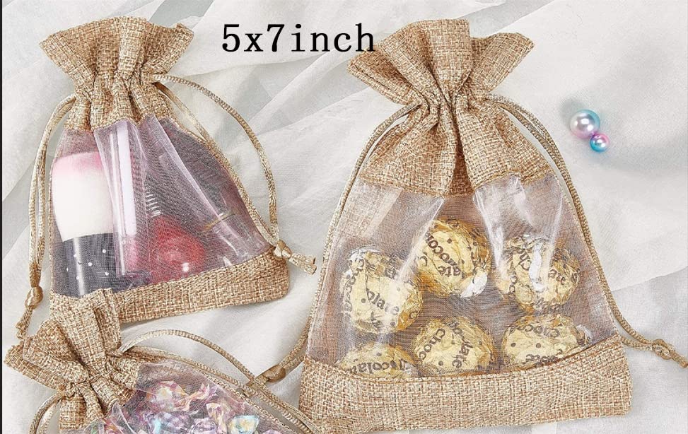 XMSound 50 Pack 5x7 Inch Linen Burlap Drawstring Bags - Sheer Organza Gift Bags for Wedding Favors, Party Decor, Cosmetic Samples & DIY Crafts | Perfect for Bridal Showers, Baby Showers & Holiday Gift Packaging