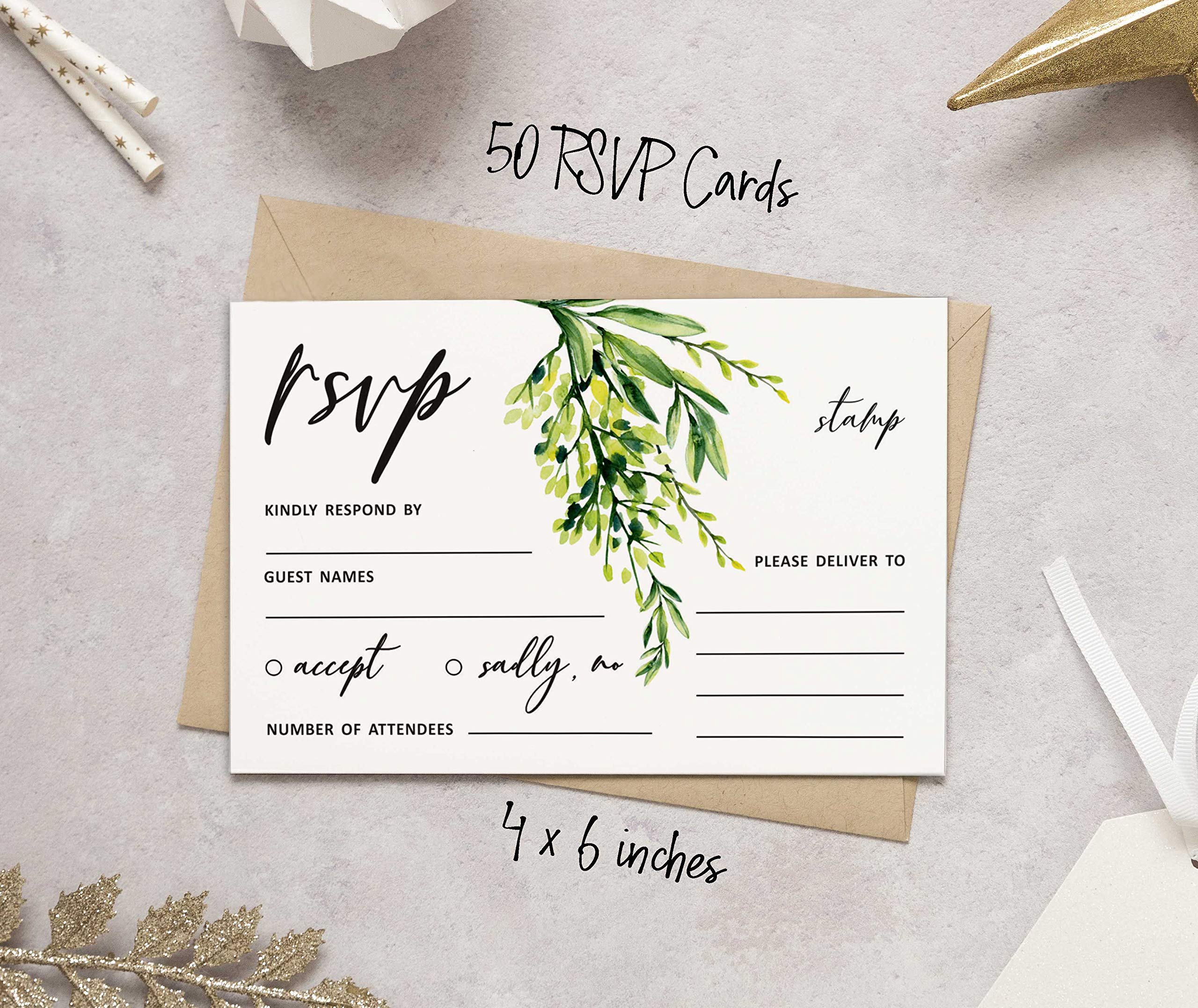 50 Blank RSVP Cards with White Envelopes - Greenery Style Wedding Response Cards for Invitations - Perfect for Wedding, Baby Shower, Bridal Shower, Engagement Party & Rehearsal Dinner - Elegant Stationery for Your Special Events