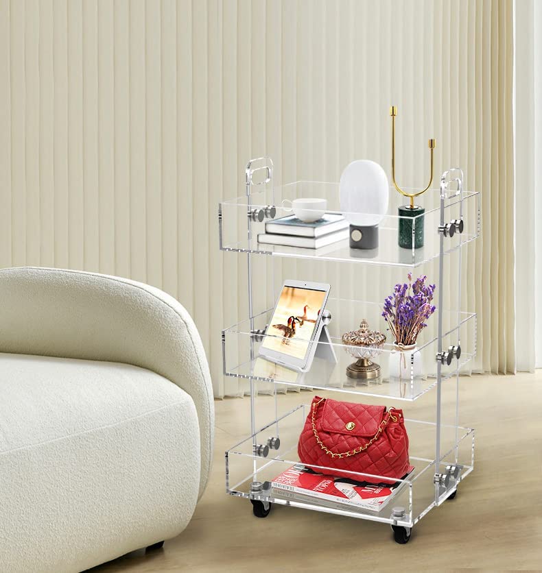 ONELUX 3-Tier Acrylic Rolling Cart with Wheels - Multifunctional Storage Organizer for Kitchen, Bathroom, Office & Dorm Room - Clear Plastic Utility Cart for Home Organization