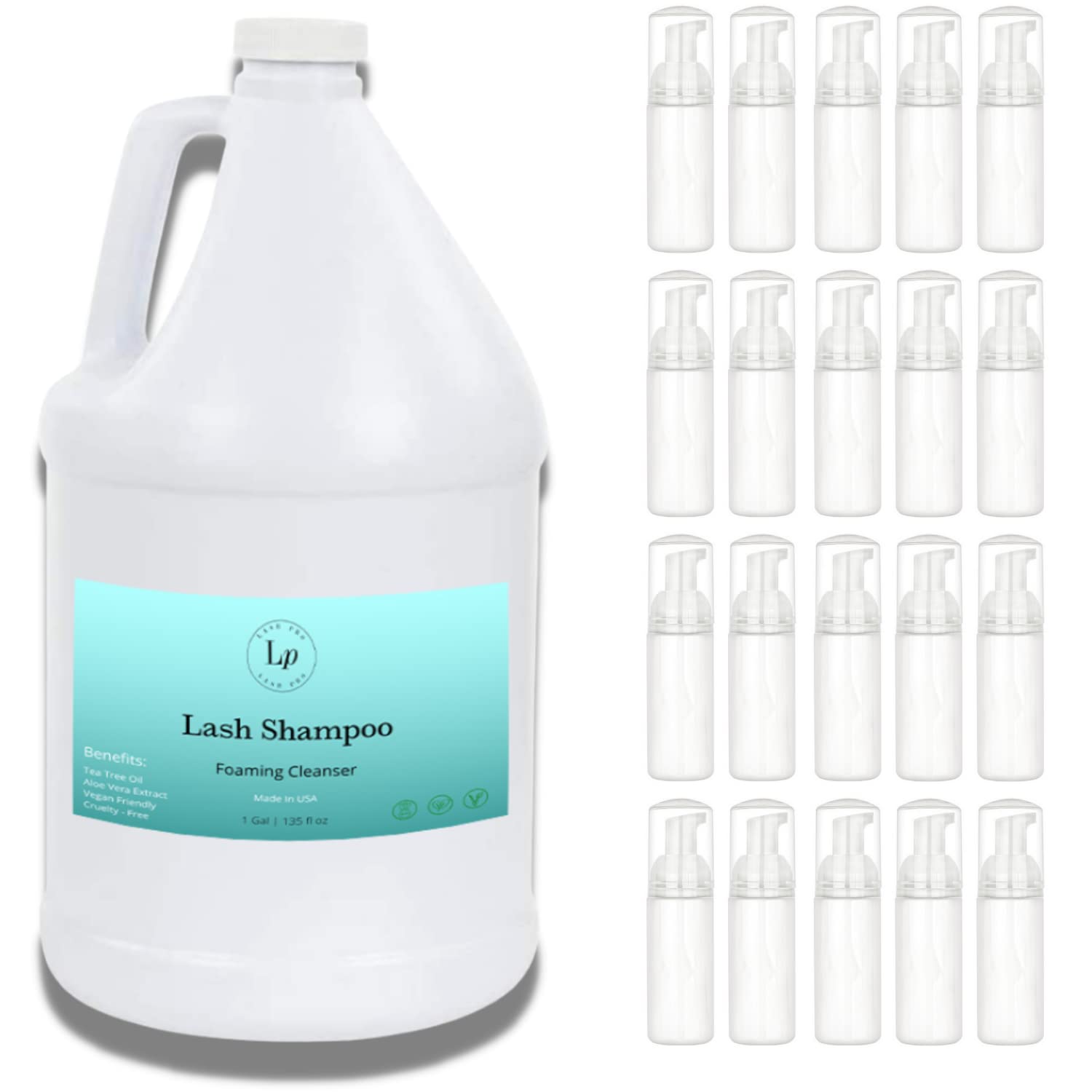 Bulk Eyelash Shampoo Gallon with Pump Dispensers (20-Pack) - Professional Salon Lash Cleanser for Eyelash Extensions & False Lashes - Ideal for Lash Artists & Beauty Salons