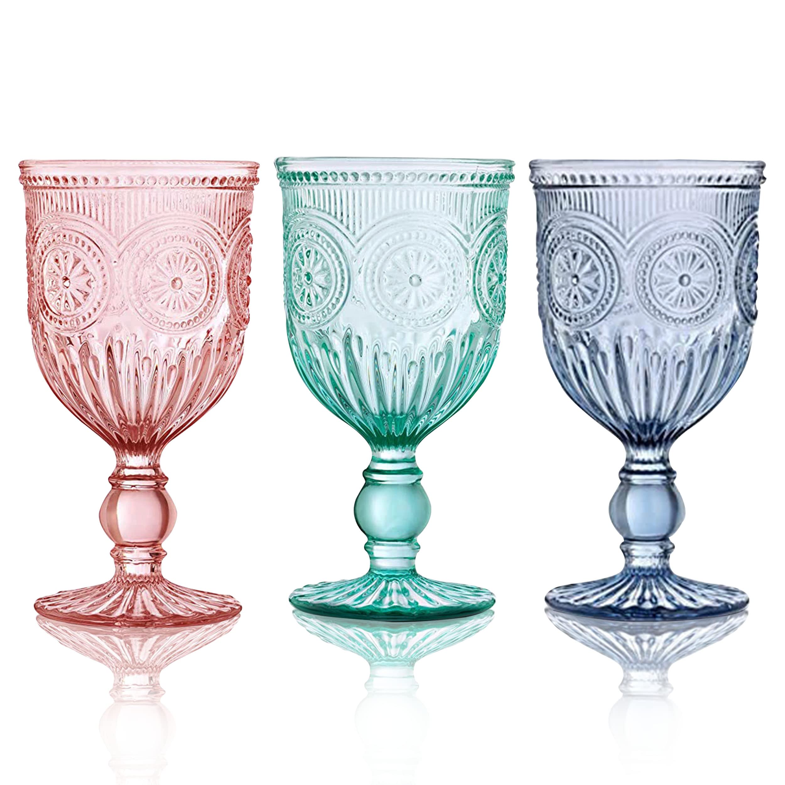 Vintage Colorful Wine Glasses Set of 18 - 6 Pink, 6 Green & 6 Blue Drinking Glasses with Sunflower Design - Elegant Glassware Collection for Parties, Weddings & Home Decor