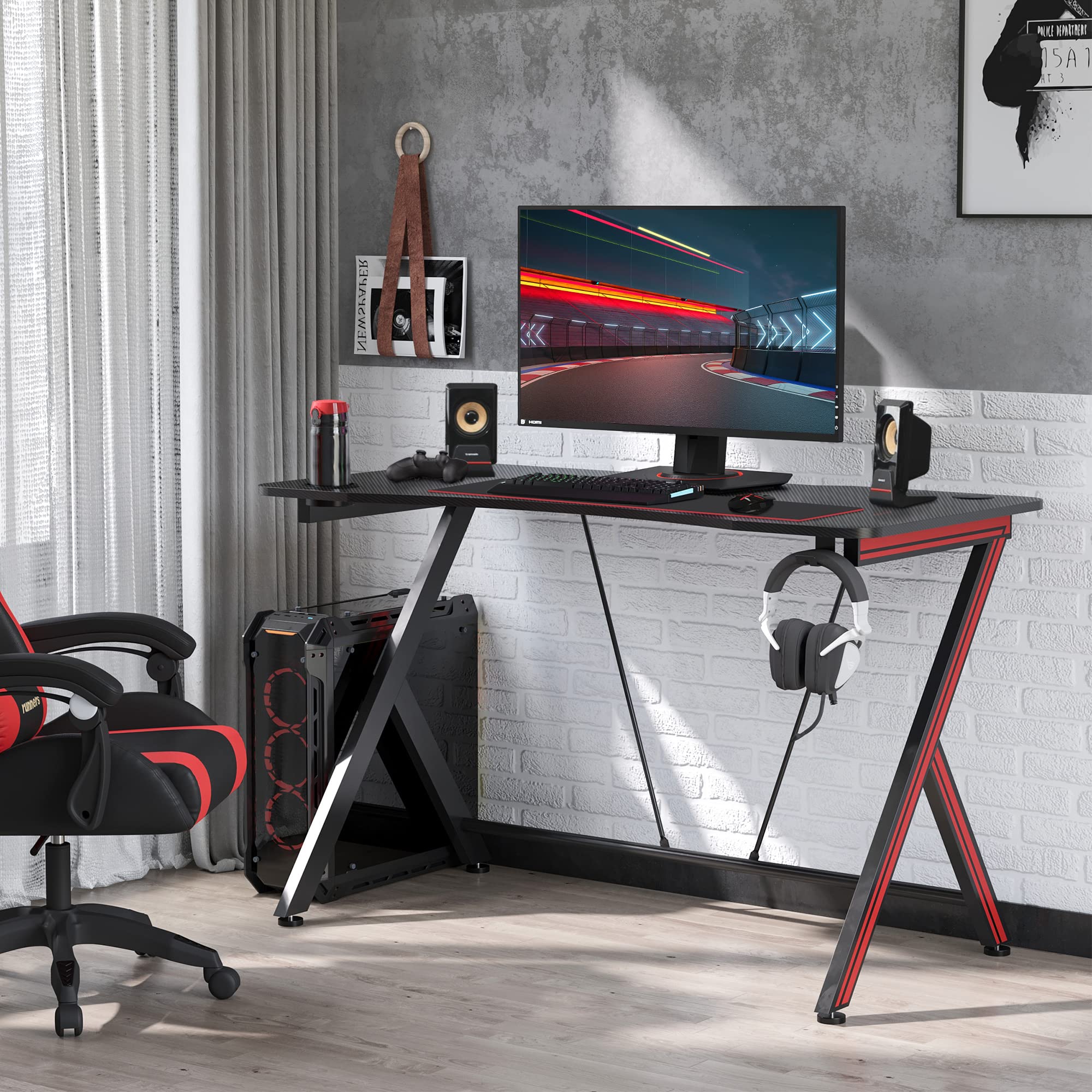 HOMCOM 41 inch Gaming Computer Desk with Cup Holder & Headphone Hook - Carbon Fiber Surface Home Office Workstation for PC Gaming & Study - Perfect for Small Spaces & Cable Management