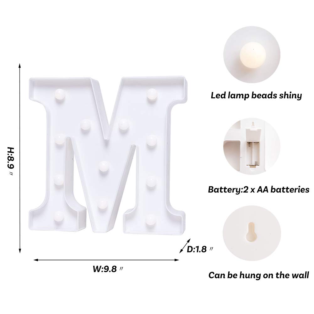 LED Letter Lights Sign - Battery Powered Light Up Letters for Wedding, Birthday, Party & Christmas Decor - Night Light for Home, Bar, Nursery & Bedroom - Perfect for Romantic Ambiance & Holiday Lighting (Letter M)
