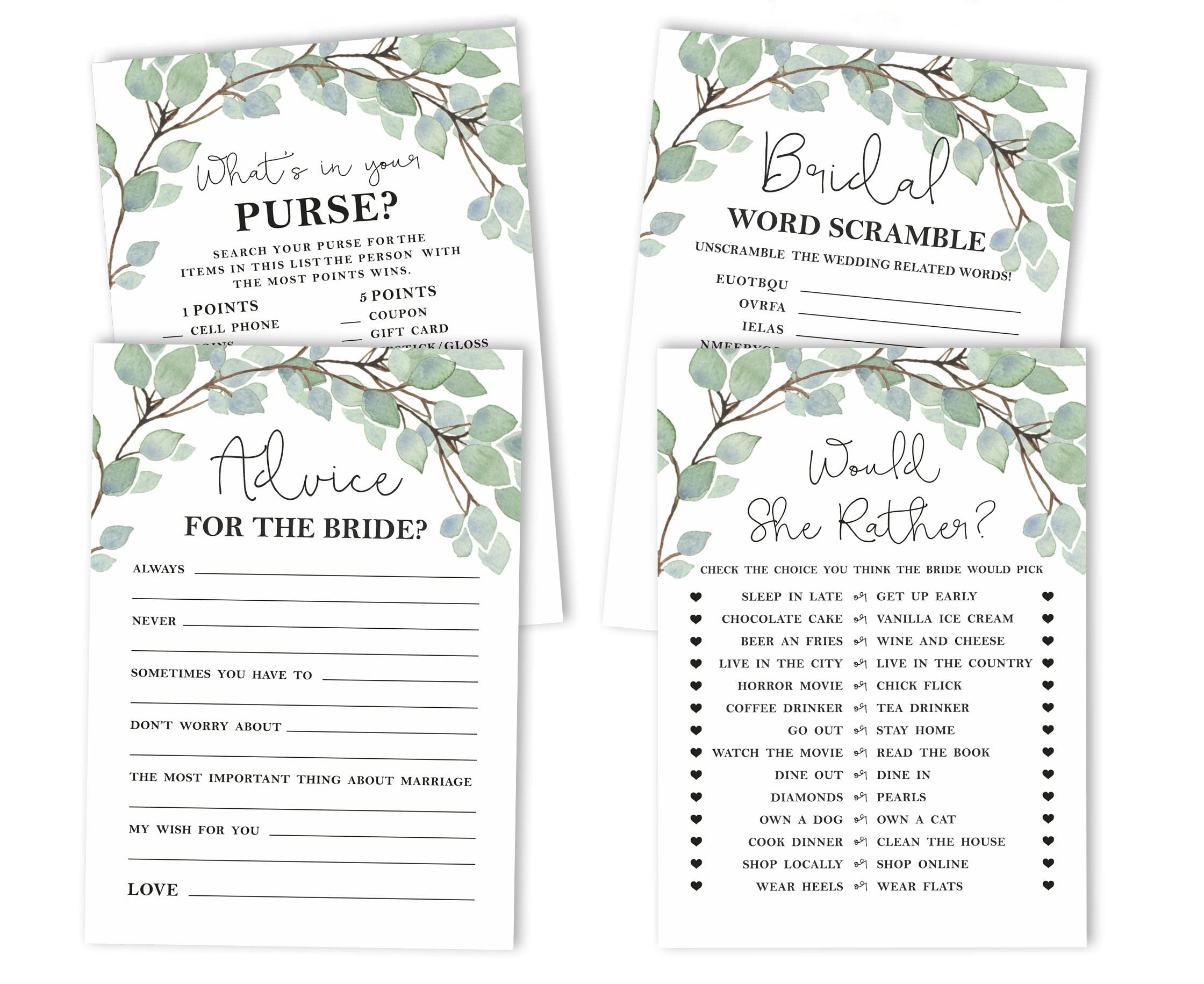 Bachelorette Party Games Set - 4 Fun Bridal Shower Games (50 Sheets Each) | Greenery Theme | Perfect for Wedding Showers & Girls Night Out