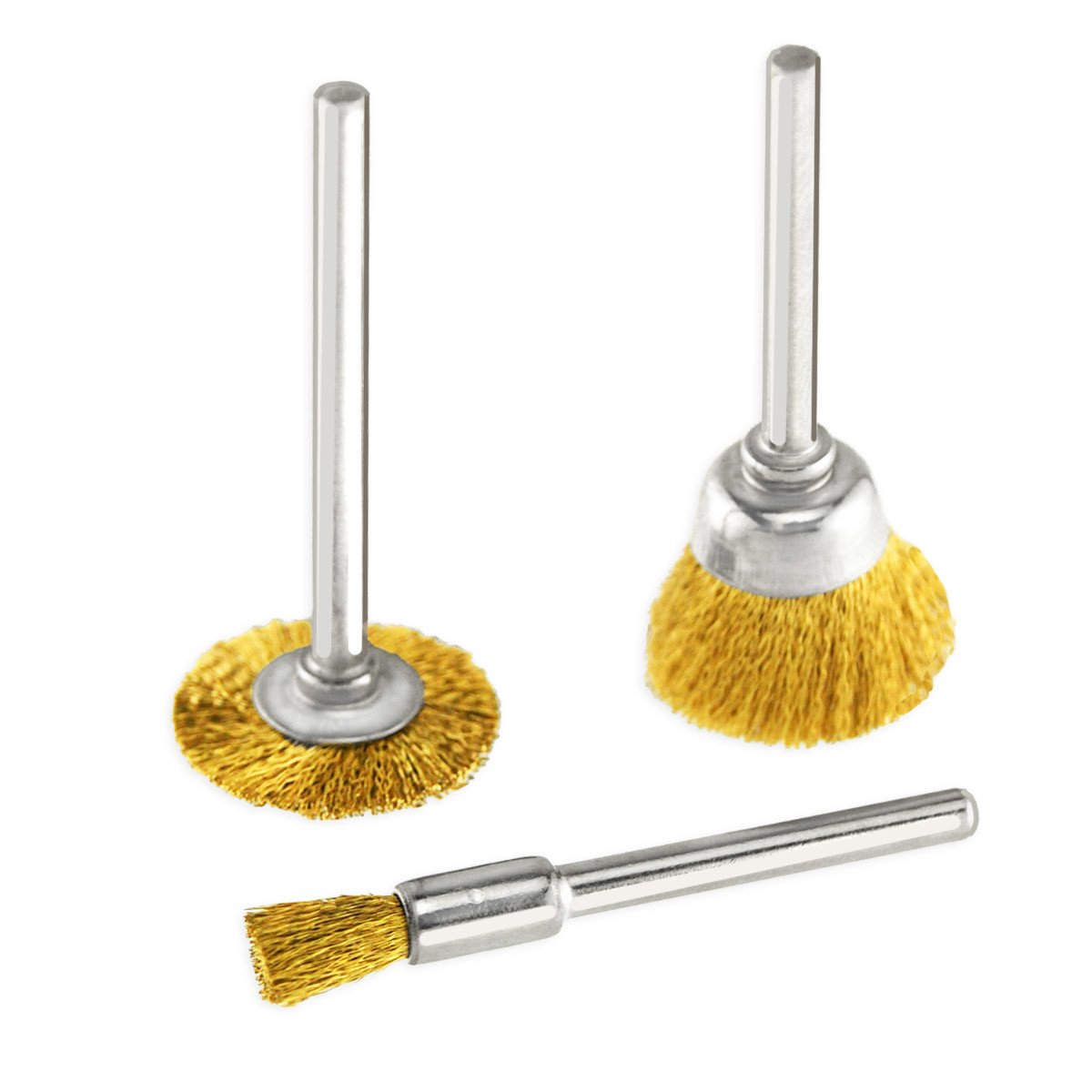 3pc Rotary Tool Brass Wire Brush Set - Wheel, Cup, End Brush - Compatible with Dremel Tools - 1/8