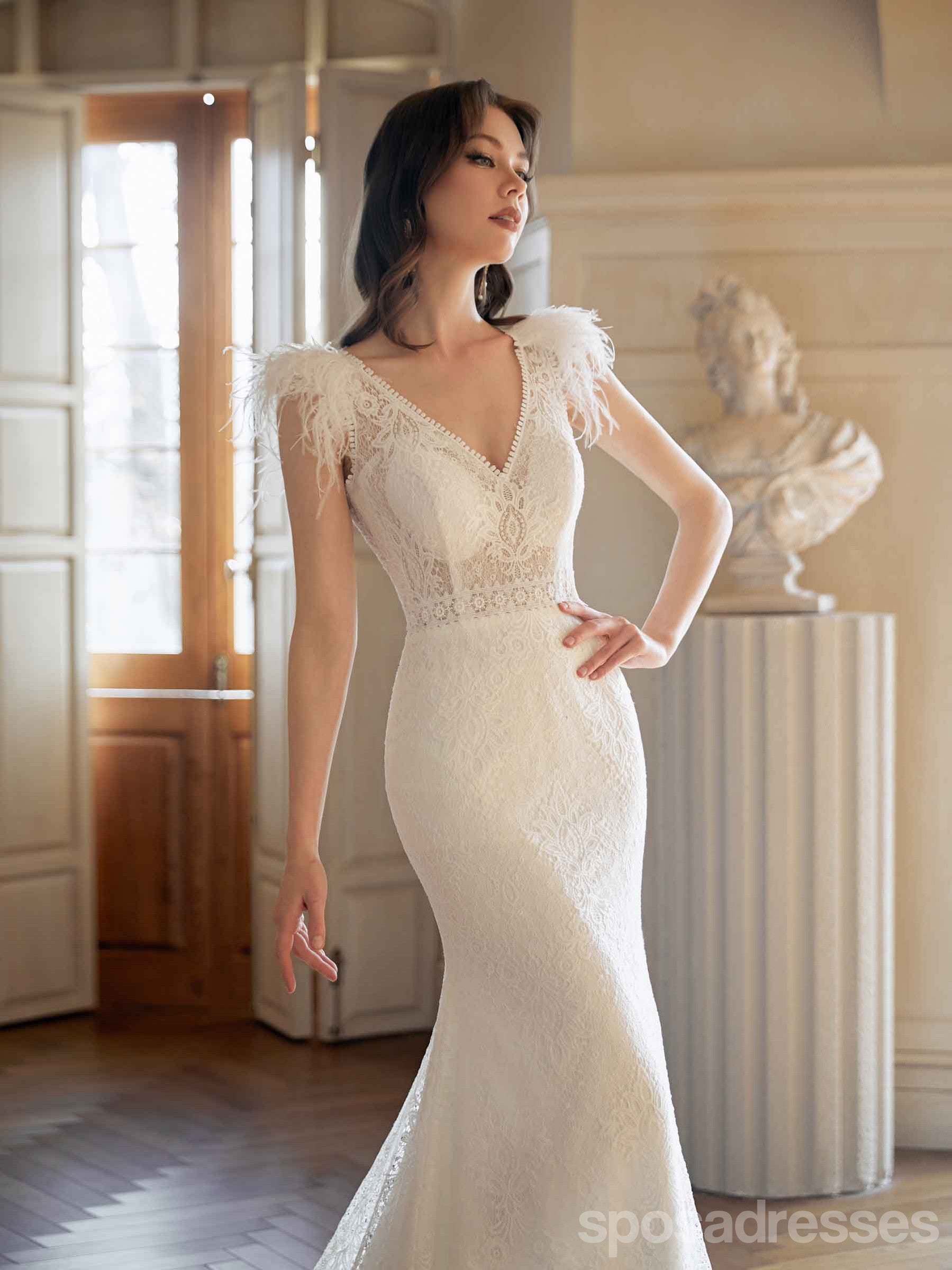 Elegant Mermaid Off-White V-Neck Long Lace Wedding Dress WD819 - Handmade Bridal Gown for Beach, Church & Formal Weddings