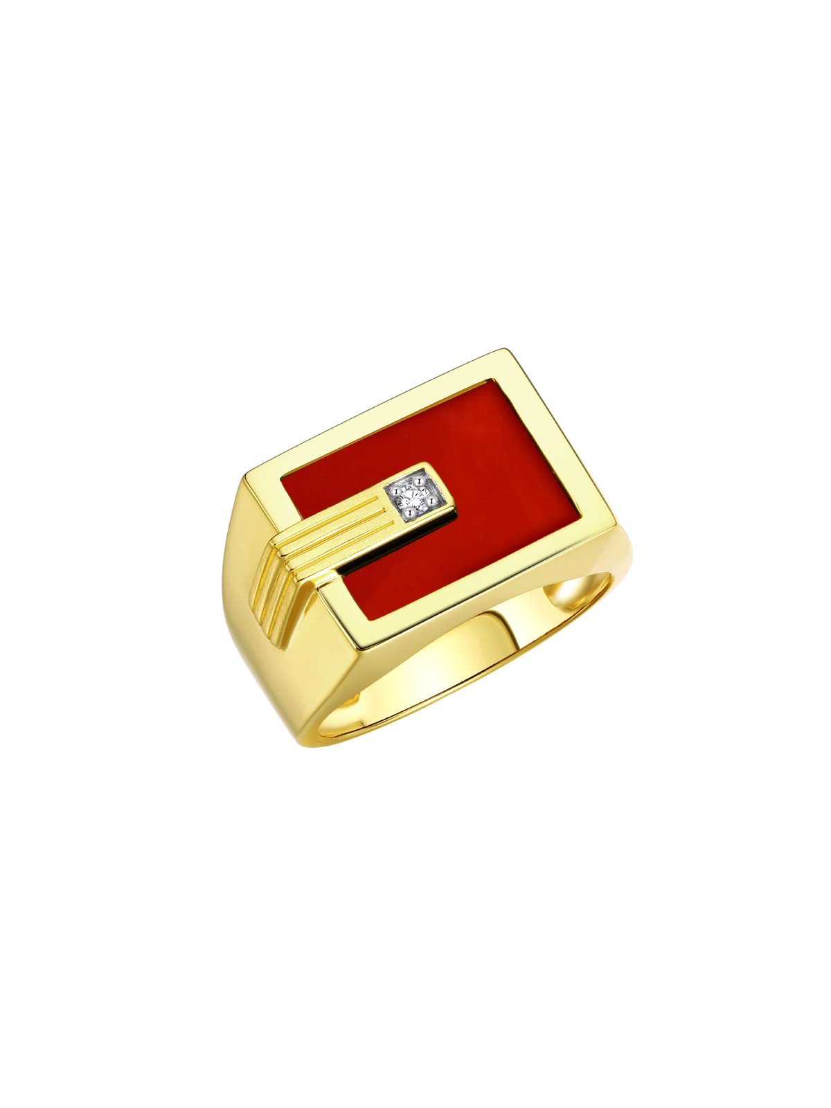 14K Yellow Gold Men's Ring with Diamond & Red Quartz - Designer Wedding Band for Men - Sizes 8-13 - Perfect for Gifts, Anniversaries & Special Occasions