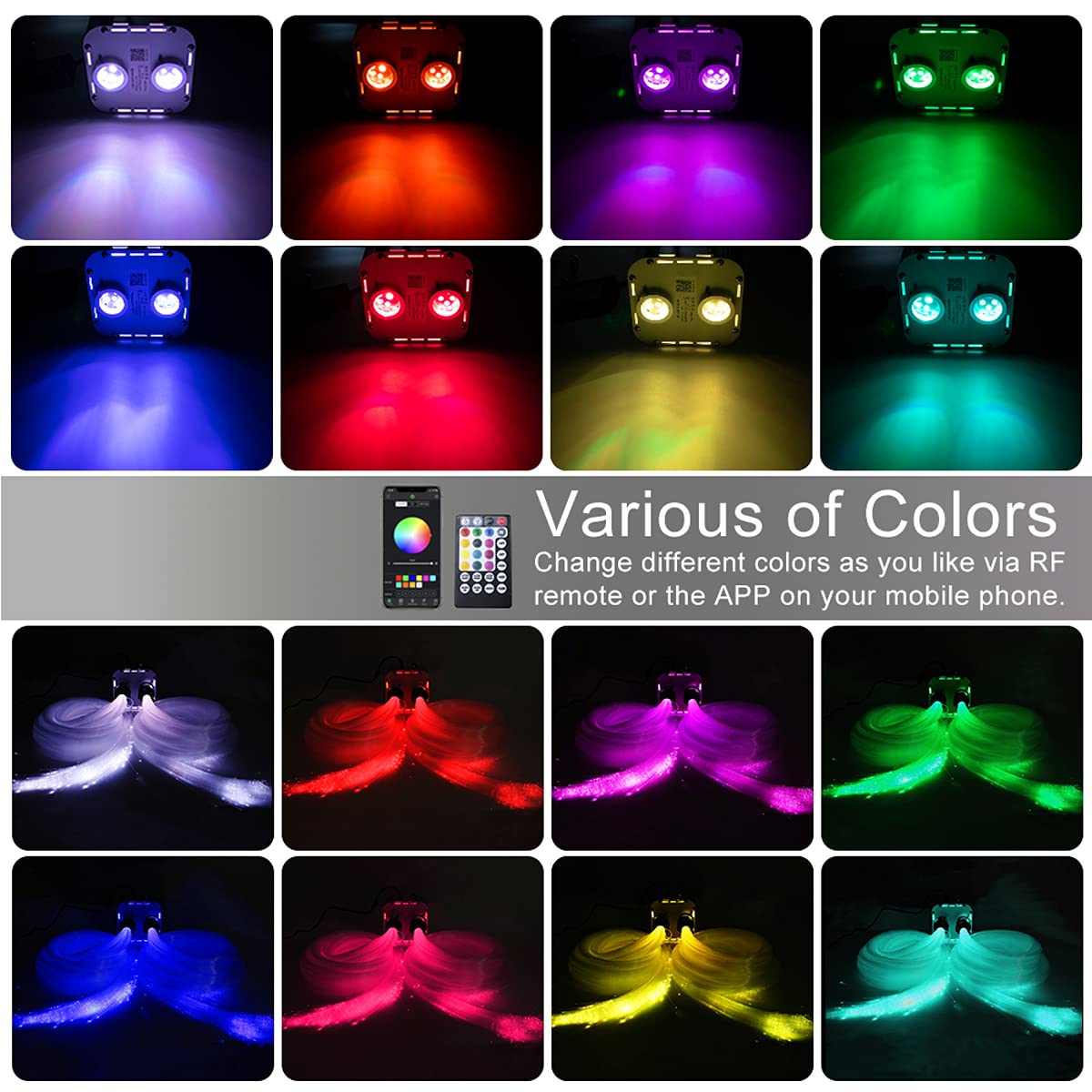 AKEPO 32W RGBW Twinkle+APP+Sound Activated Dual Head Fiber Optic Lights Kit - 1110pcs 16.4ft/5m Mixed Fiber Optic Strands for Star Ceiling & Sky Light - Perfect for Home Indoor Decor, Car Headliner Starlight, Bedroom Ambience & Party Lighting